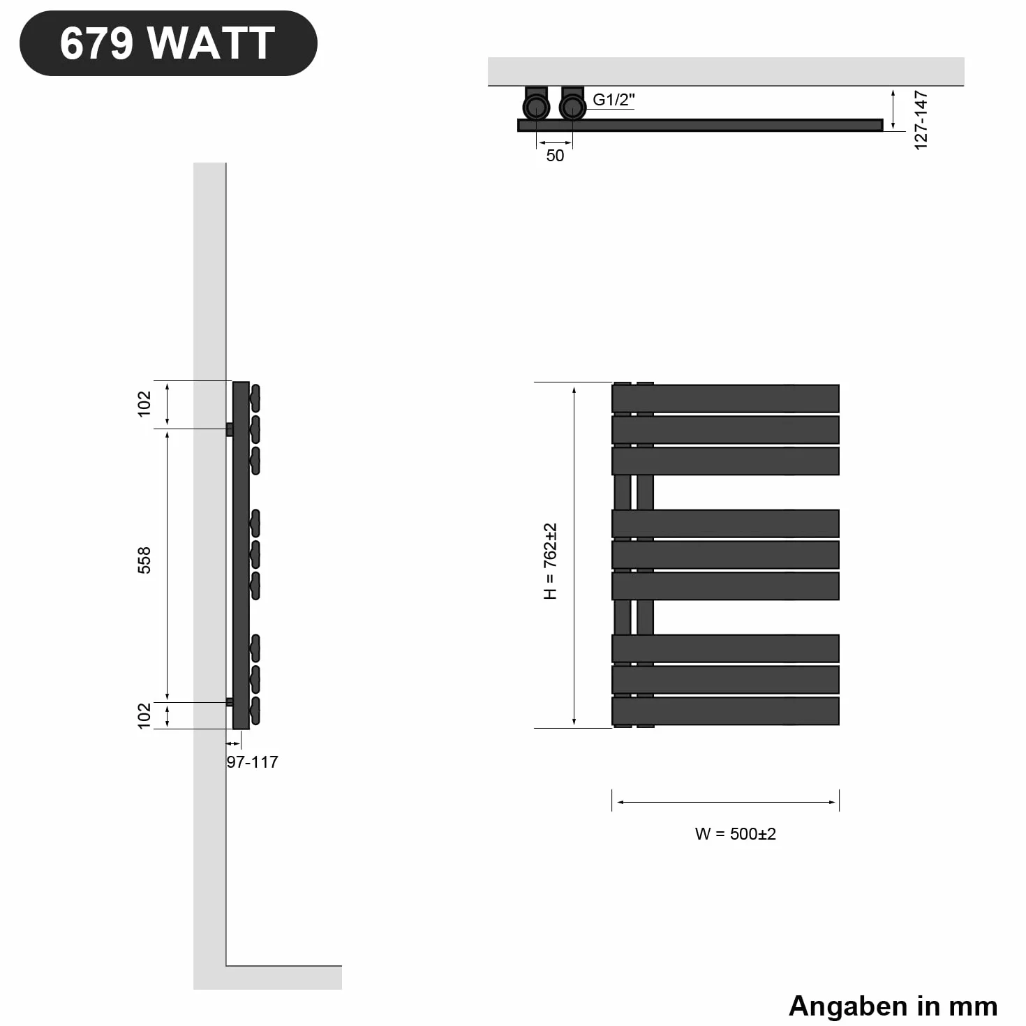 SONNI Grzejnik łazienkowy płaski 762 x 500 mm antracyt 679 W przyłącze boczne