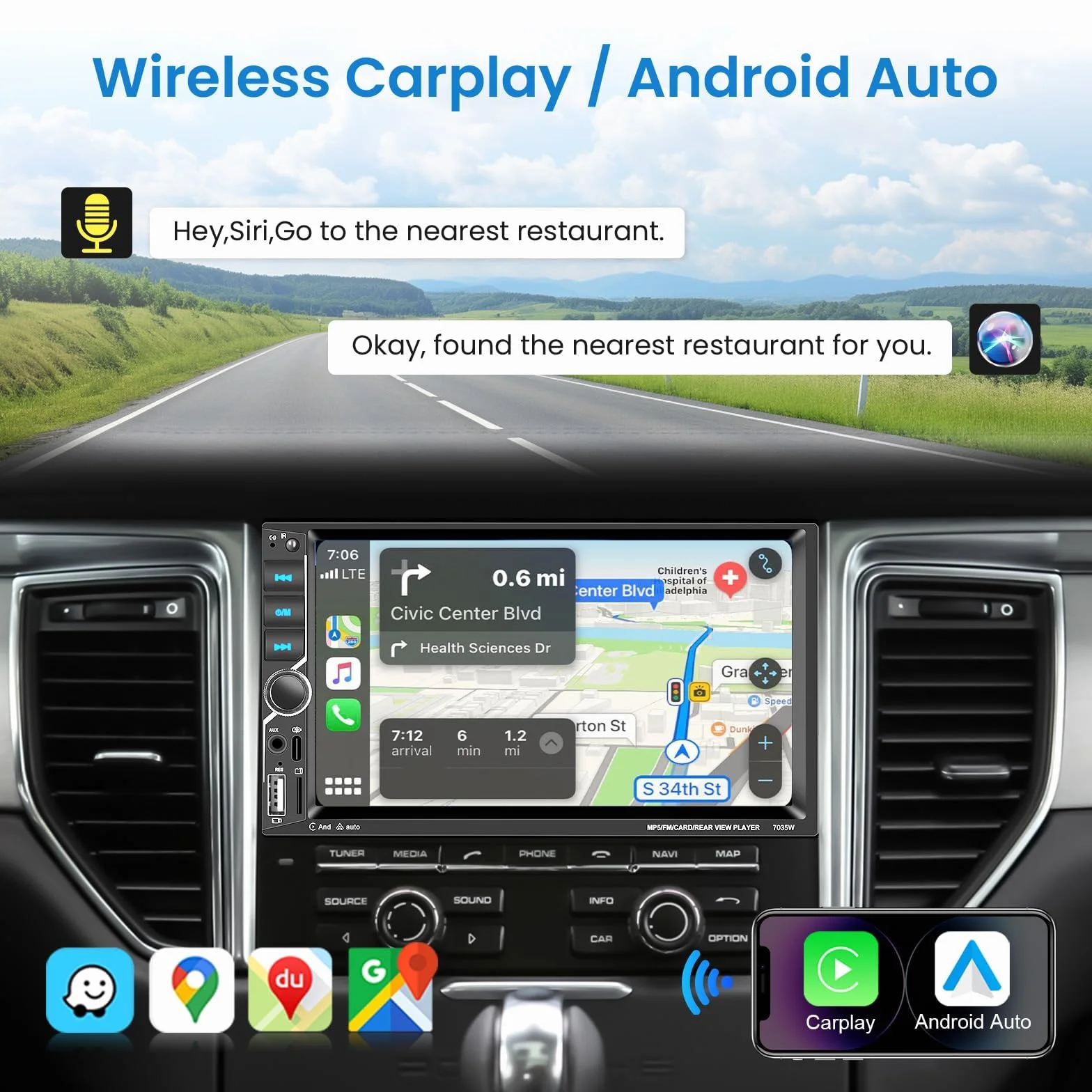 VECHTEL Radio samochodowe 2 DIN z bezprzewodowym Carplay Android Auto, 7-calowy ekran dotykowy, radio samochodowe Bluetooth, radio FM, Typ-C/USB/TF/AUX, MirrorLink, kamera cofania, sterowanie zdalne