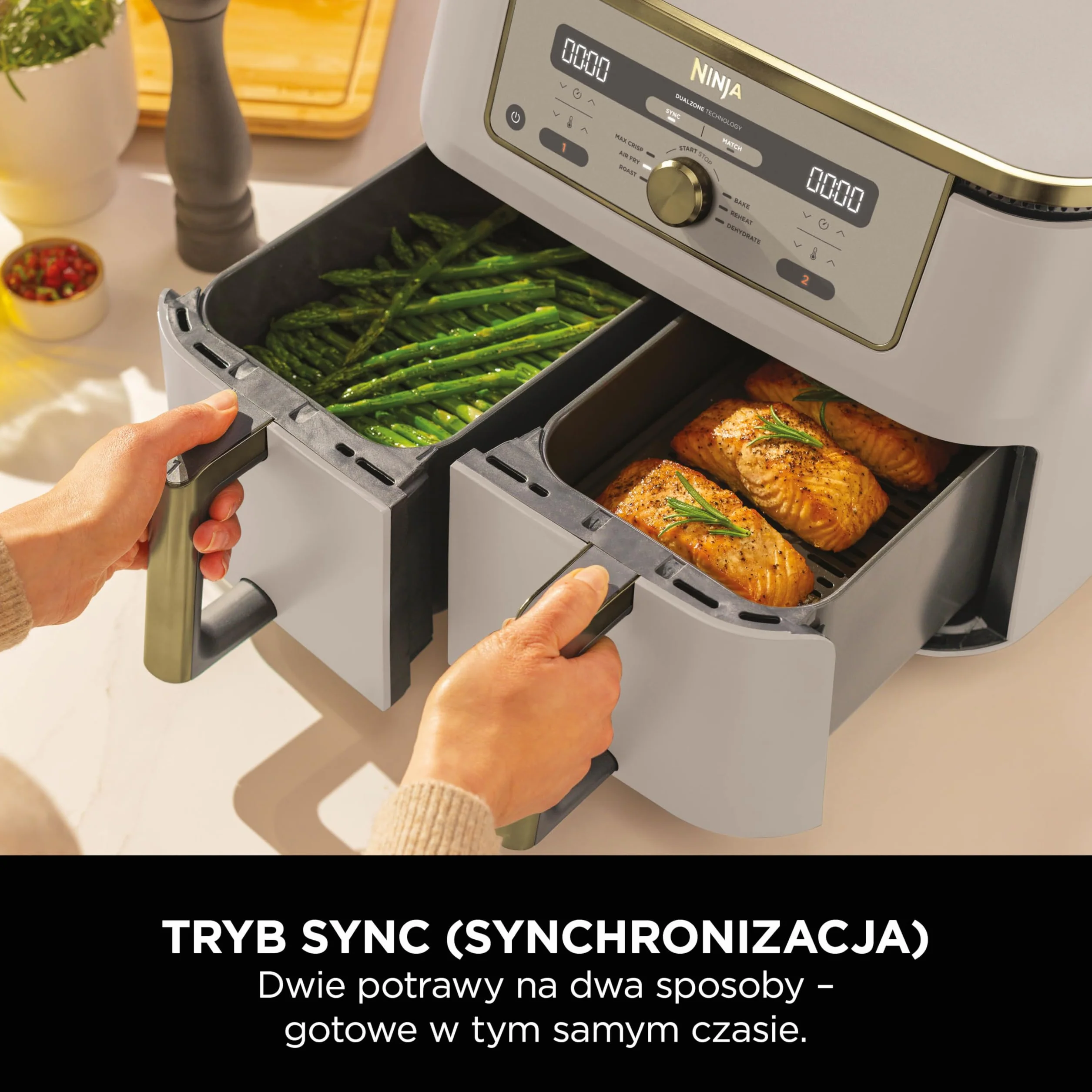 Ninja MAX Dwustrefowa frytkownica, 2 szuflady, 9,5 l, zero oleju, Air Fry, Max Crisp, Roast, Bake, Reheat, Dehydrate, nieprzywierające kosze do mycia w zmywarce, Złoty odcień kamienia, DZ400EUSTGD