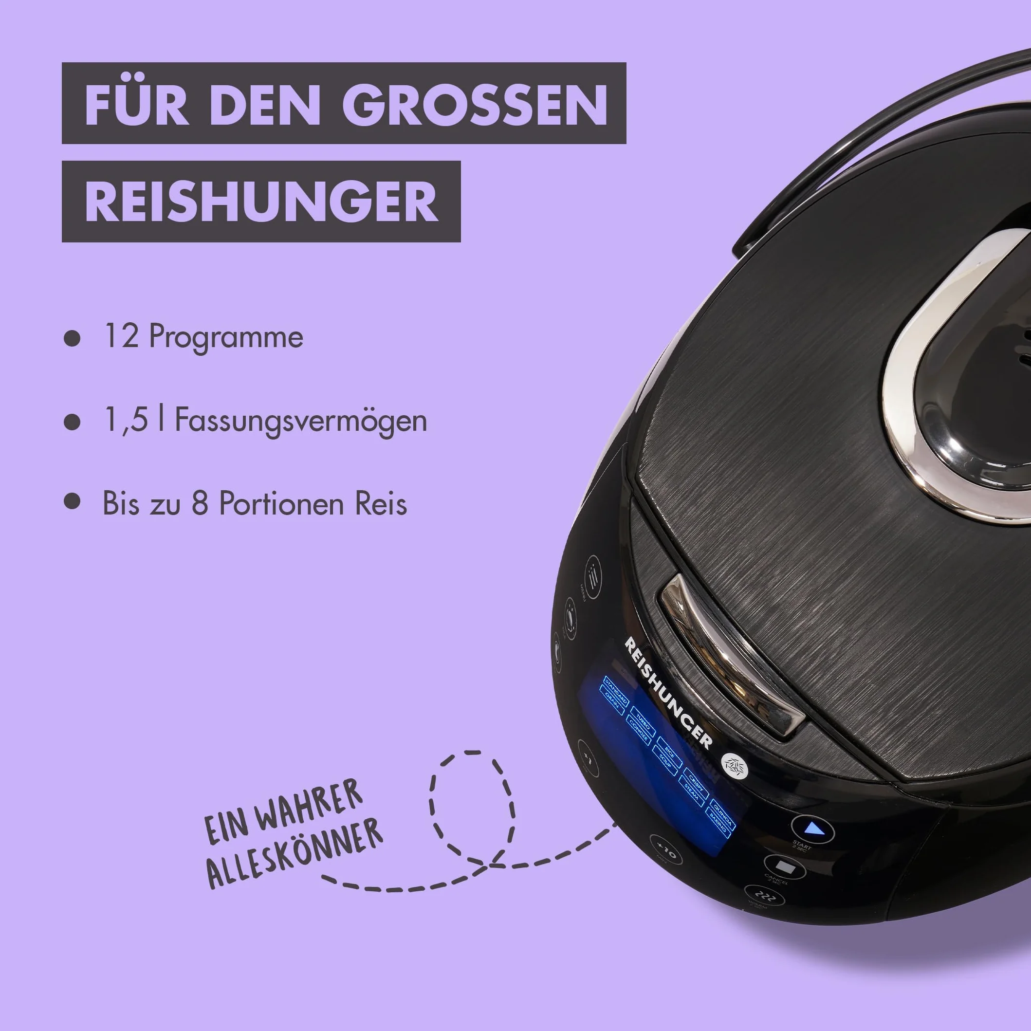 Reishunger Cyfrowy Ryżowar i Parowar Czarny, 12 Programów, 7-Fazowa Technologia, Do 8 Osób