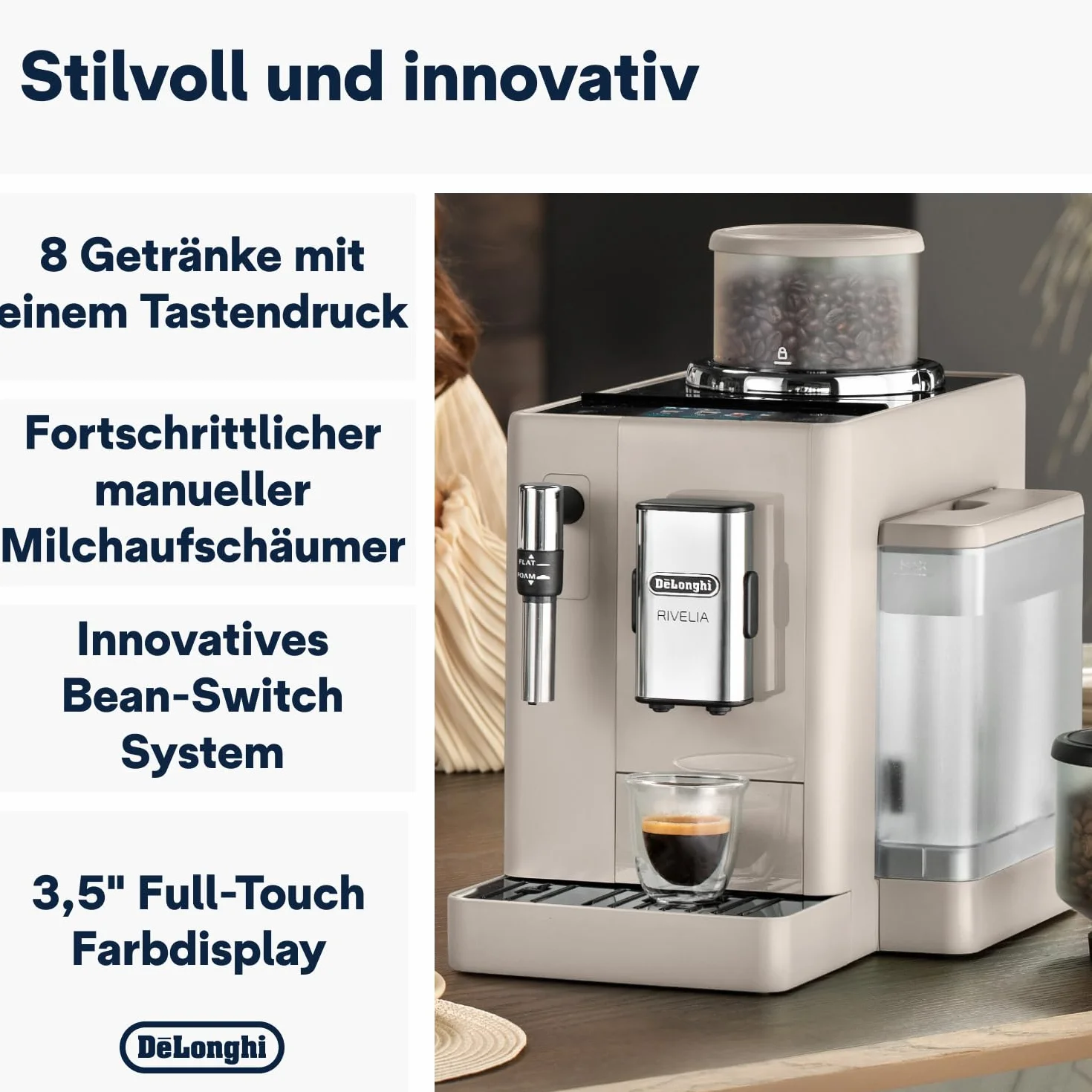 De'Longhi Rivelia EXAM440.35.BG, Superautomatyczny ekspres do kawy z ręcznym spieniaczem do mleka, kompaktowy rozmiar, 8 przepisów, kolorowy ekran dotykowy, beżowy piasek