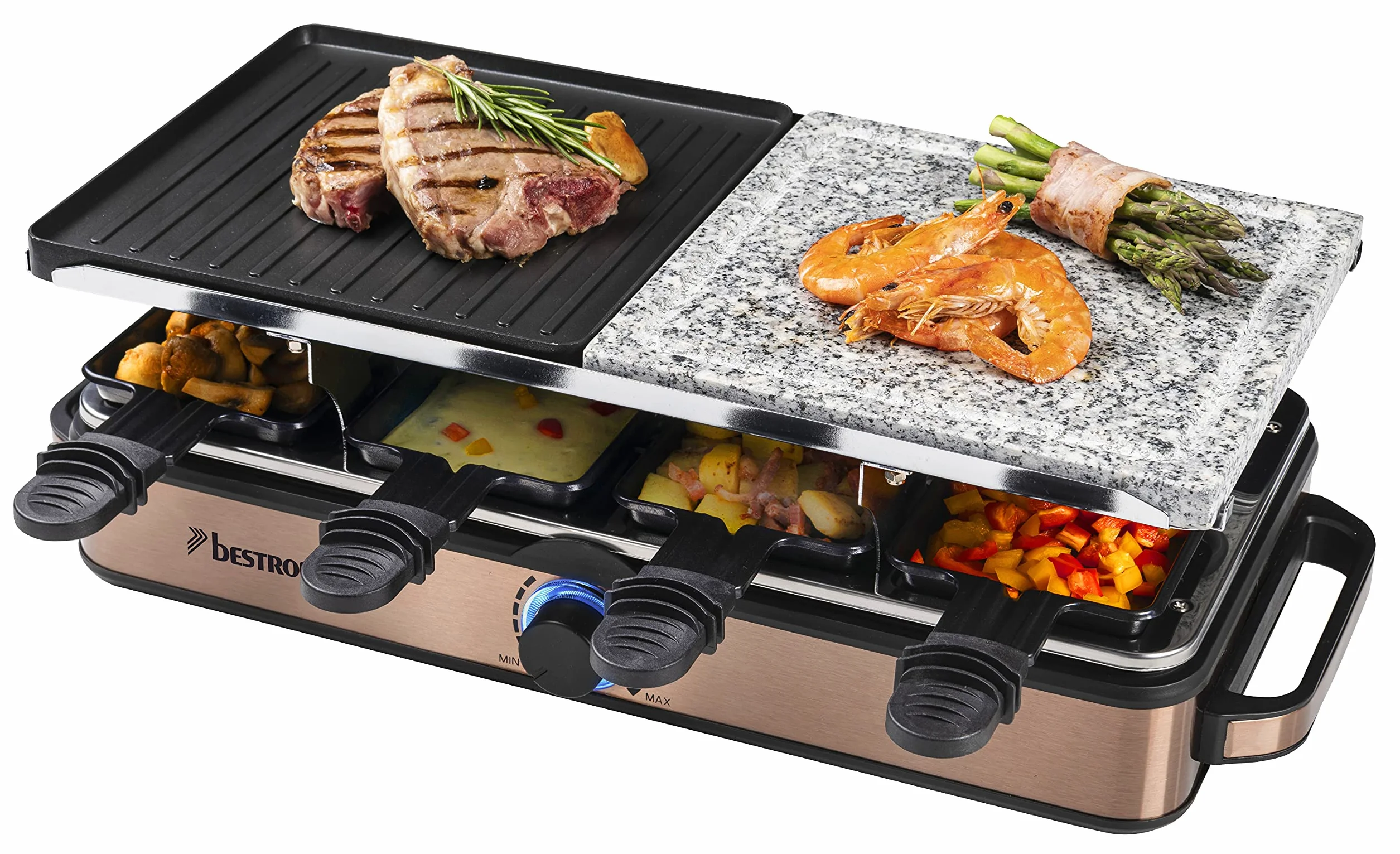 Bestron Grill imprezowy 2 w 1 elektryczny raclette dla 8 osób, naturalny kamień, płyta grillowa z powłoką nieprzywierającą, 8 patelni