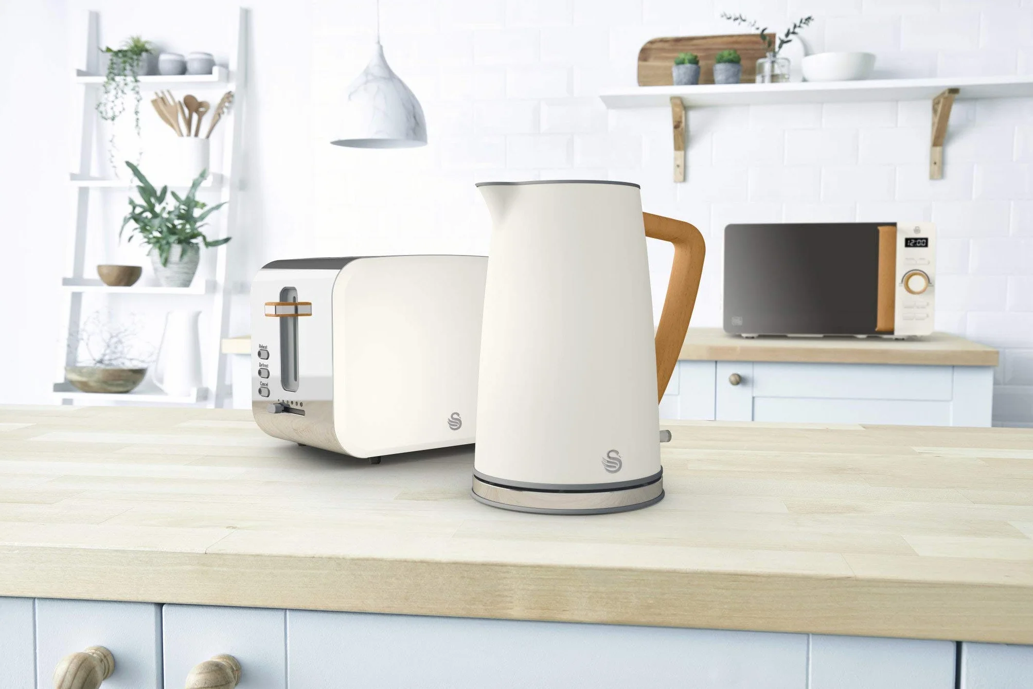 Swan Nordic Set czajnik śniadaniowy, bezprzewodowy, 1,7 l, 2200 W, szeroka szczelina, 2 kromki, 3 funkcje, nowoczesne wzornictwo, wygląd drewna, biały