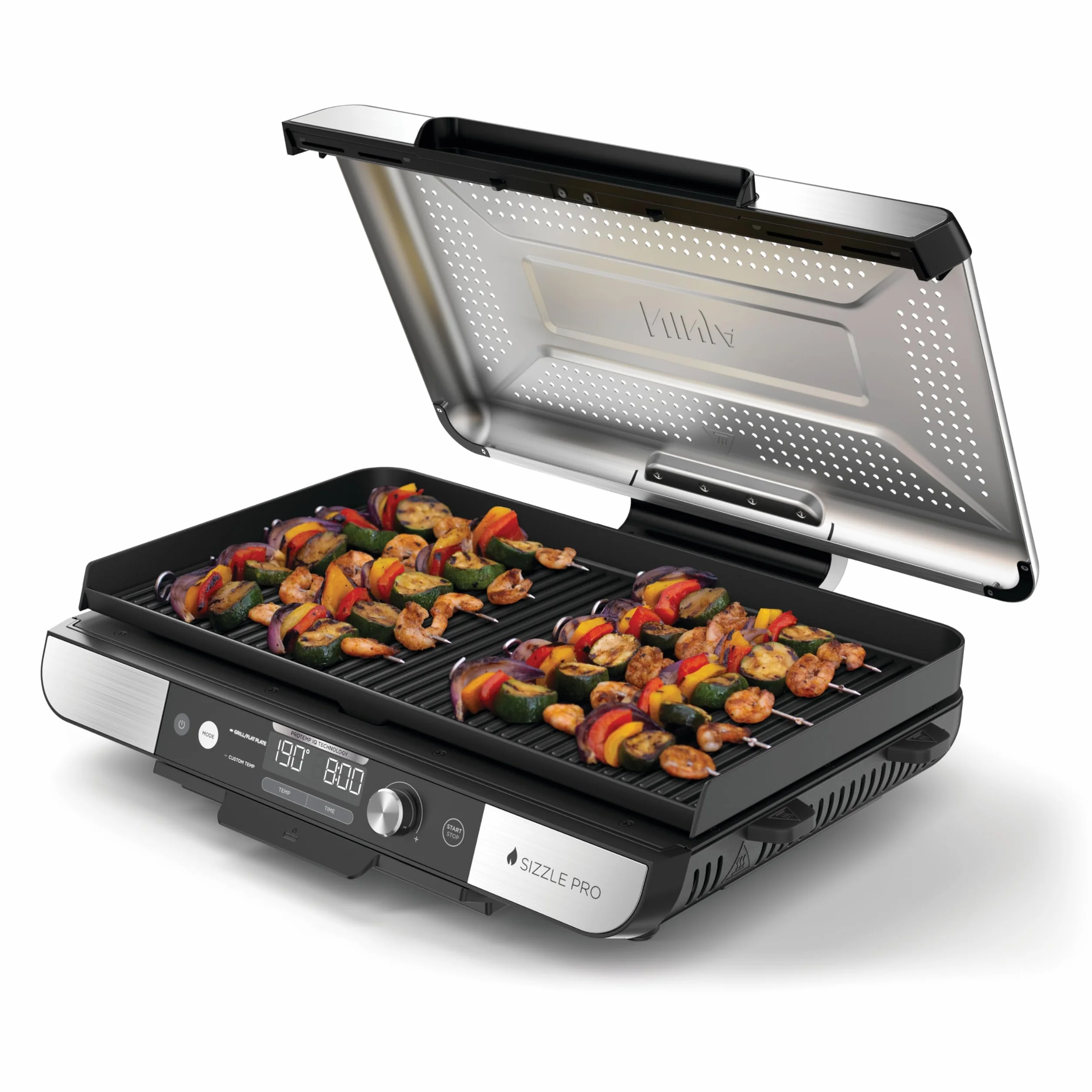 Ninja Sizzle Pro XL Grill z płytą płaską ma płytę grillową z nieprzywierającą powłoką ceramiczną i płaską płytę górną, zdejmowaną pokrywę, tackę na tłuszcz i książkę kucharską, srebrny/czarny GX101EU