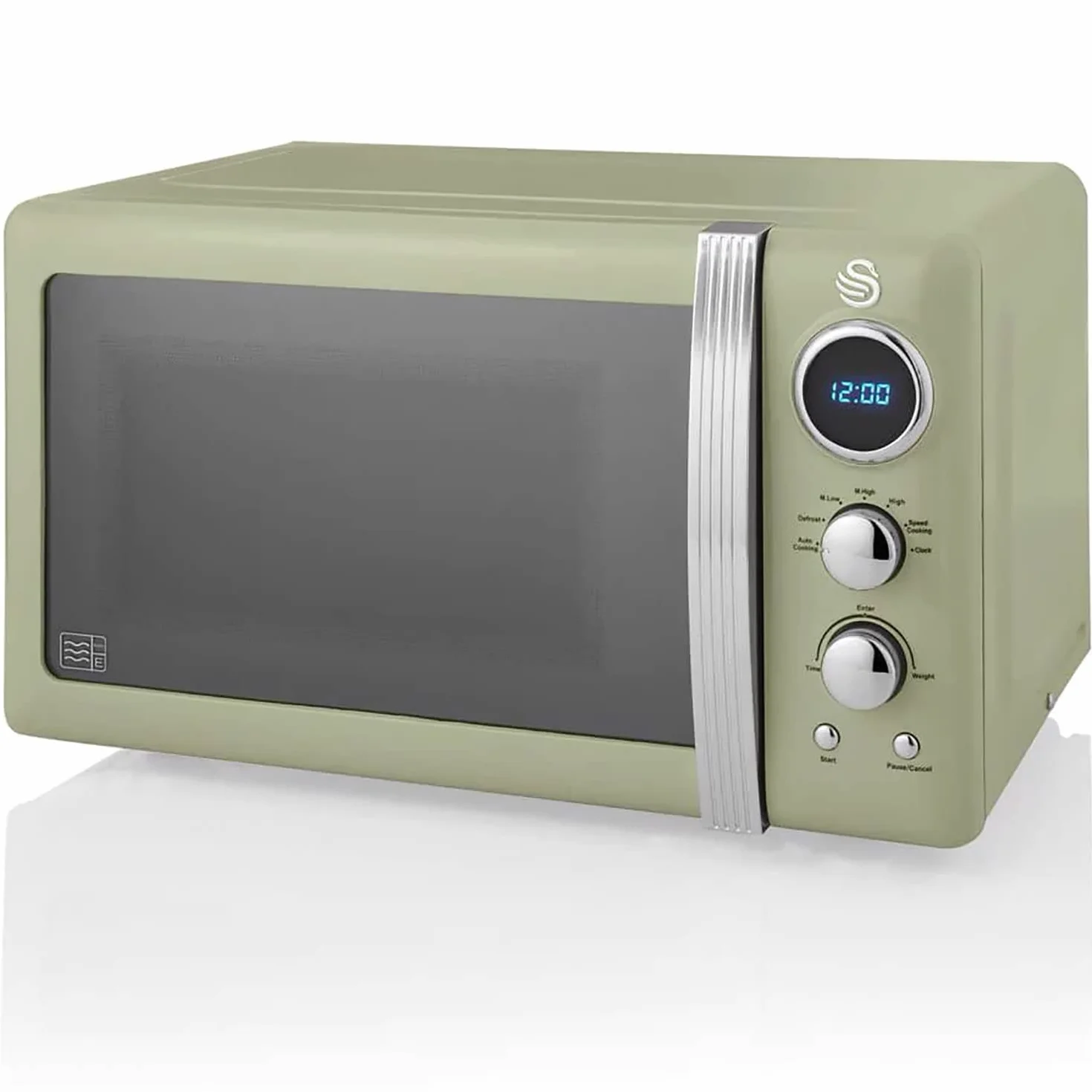 Swan Retro SM22030GNEU cyfrowa kuchenka mikrofalowa 20 l, 5 poziomów mocy, funkcja rozmrażania, timer, 60 minut, lustrzane drzwi, talerz obrotowy 27 cm, wzór vintage, zielony, 800 W