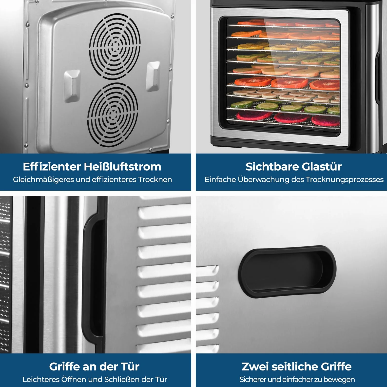 Suszarka ze stali nierdzewnej, 1000 W, urządzenie do suszenia owoców i warzyw z wyświetlaczem LED, precyzyjna regulacja temperatury (35-75°C), 48-godzinny timer, 9 misek ze stali nierdzewnej, 2 sitka