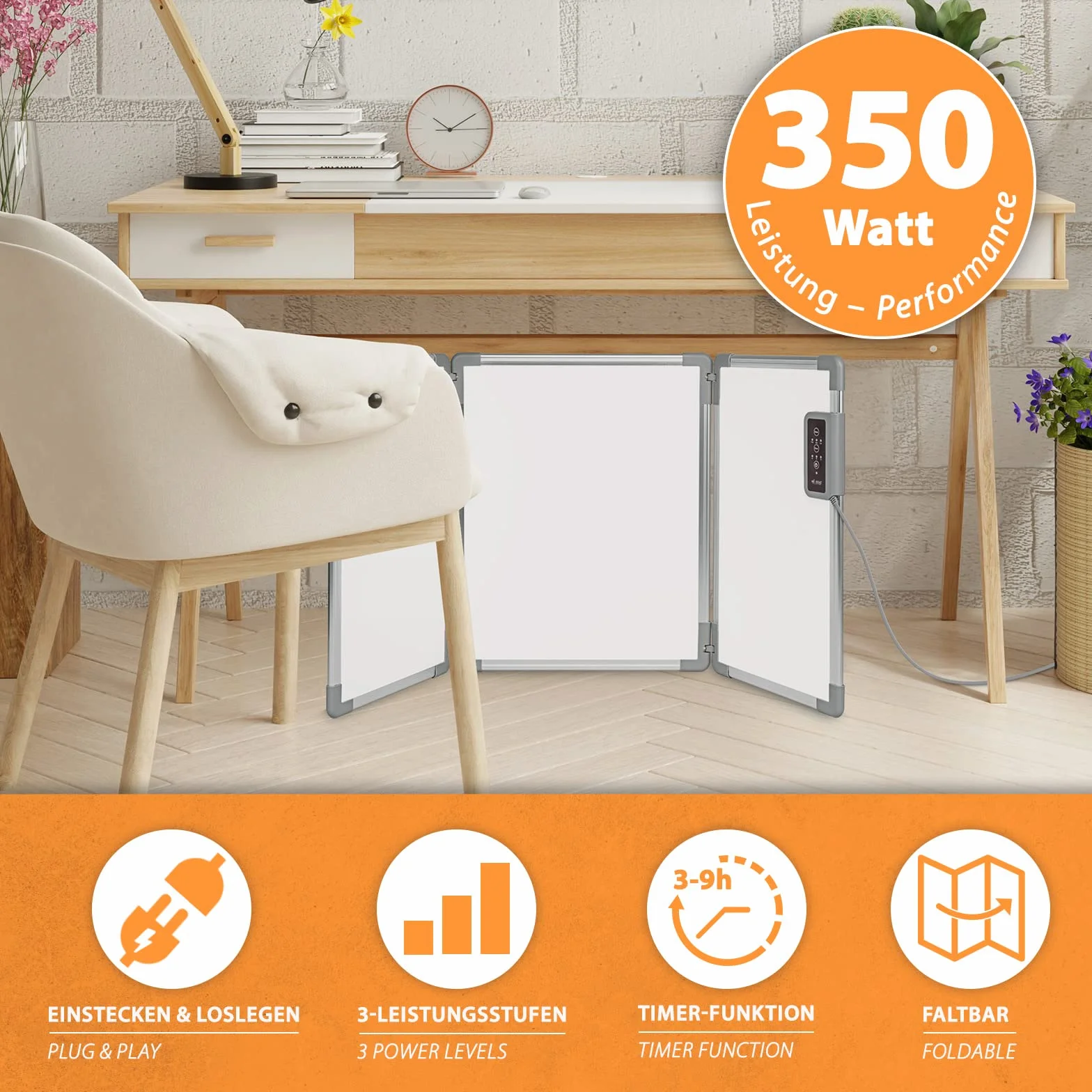 Mi-Heat Składany aluminiowy panel grzewczy, 53 x 108 cm, ogrzewanie na podczerwień 350 W do 80°C, ścianka grzewcza do biura, domu, biura, miejsca pracy, kasy, recepcji