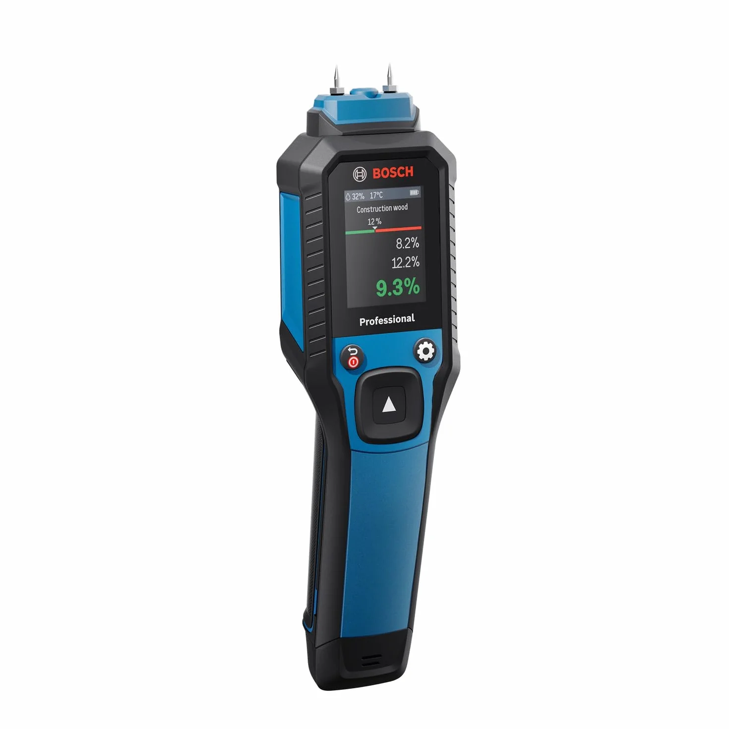 Bosch Professional Wilgotnościomierz GMP 2-15 z pinami (mierzy 37 rodzajów drewna i 10 rodzajów materiałów budowlanych, zintegrowany termohigrometr, stopień ochrony IP65, 2 baterie AA, pokrowiec)