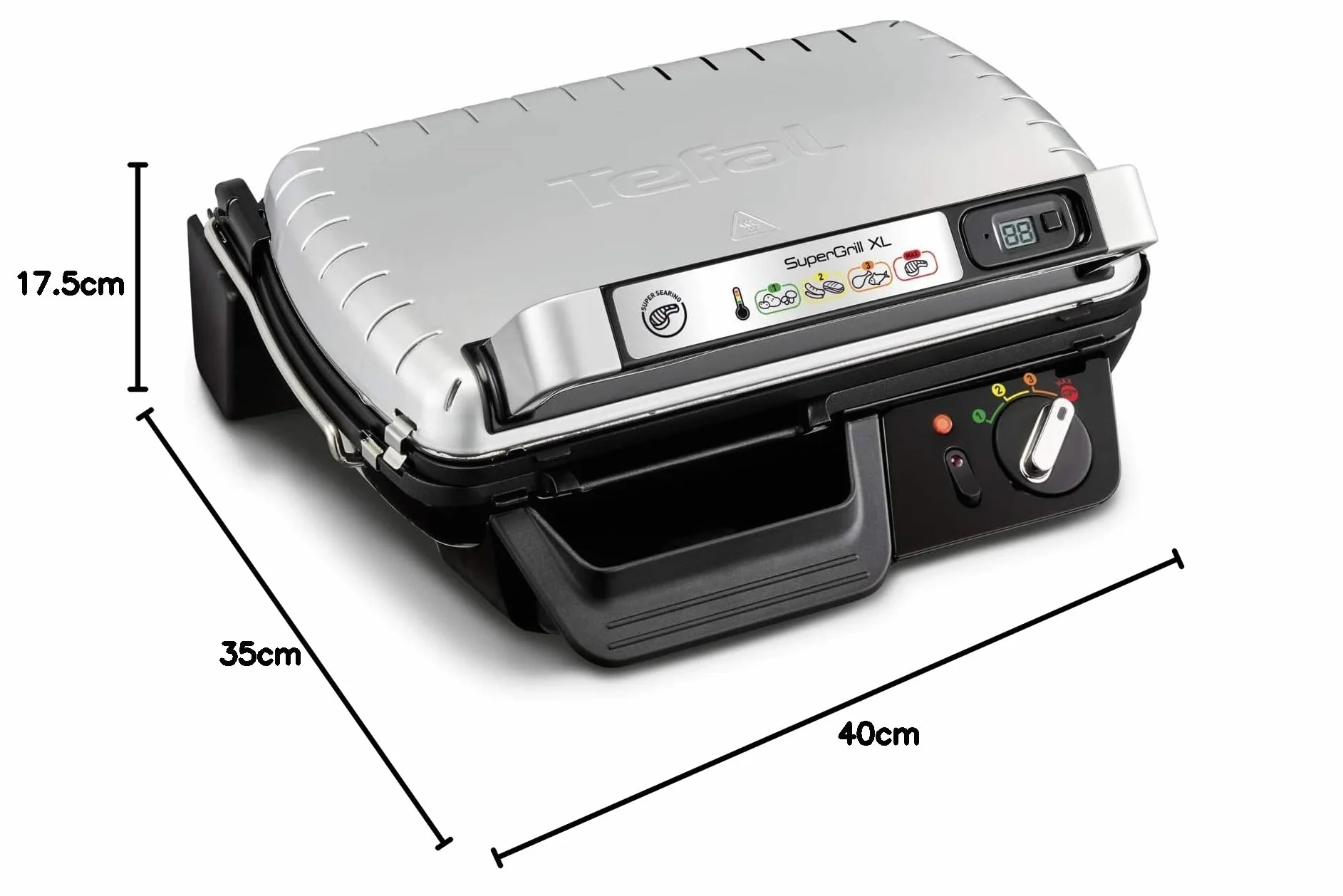 TEFAL GC461B SUPERGRILL XL grill elektryczny z timerem, 4-pozycyjny termostat, Cyfrowy timer, tryb MAX do mocnego obsmażania, moc 2400 W, powierzchnia grillowania XXL, duża tacka ociekowa, srebrny