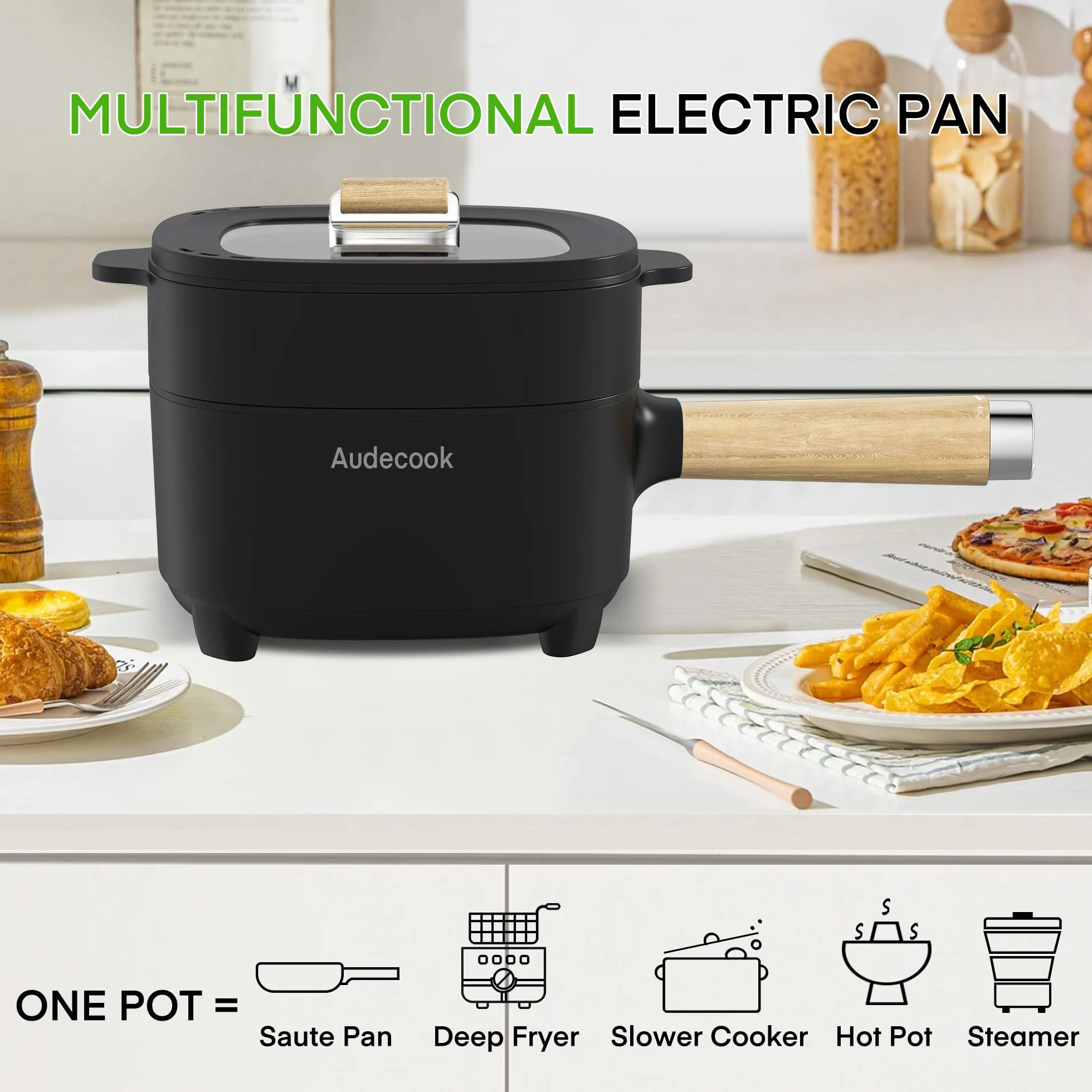 Audecook Elektryczny gorący garnek, glazura ceramiczna, nieprzywierająca patelnia, przenośny multicooker podróżny do ramenu, steków, jajek, smażonego ryżu, płatków owsianych, zupy, 350 W/800 W (czarny