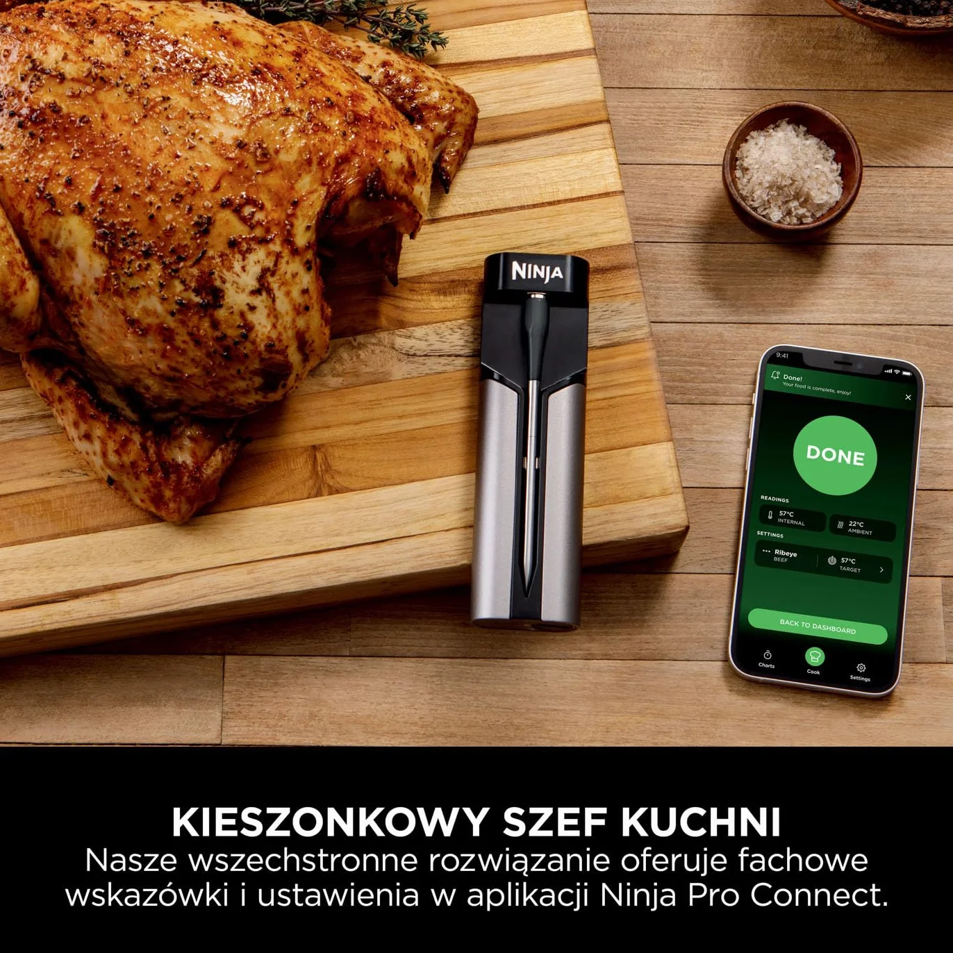 Ninja ProChef Bezprzewodowy Termometr do Mięsa, do Użytku na Zewnątrz i Wewnątrz, do Gotowania, Grillowania i Smażenia Beztłuszczowego, Wodoodporny, Zasięg Bluetooth 50 m, Bateriia na 30 h, WP100EU