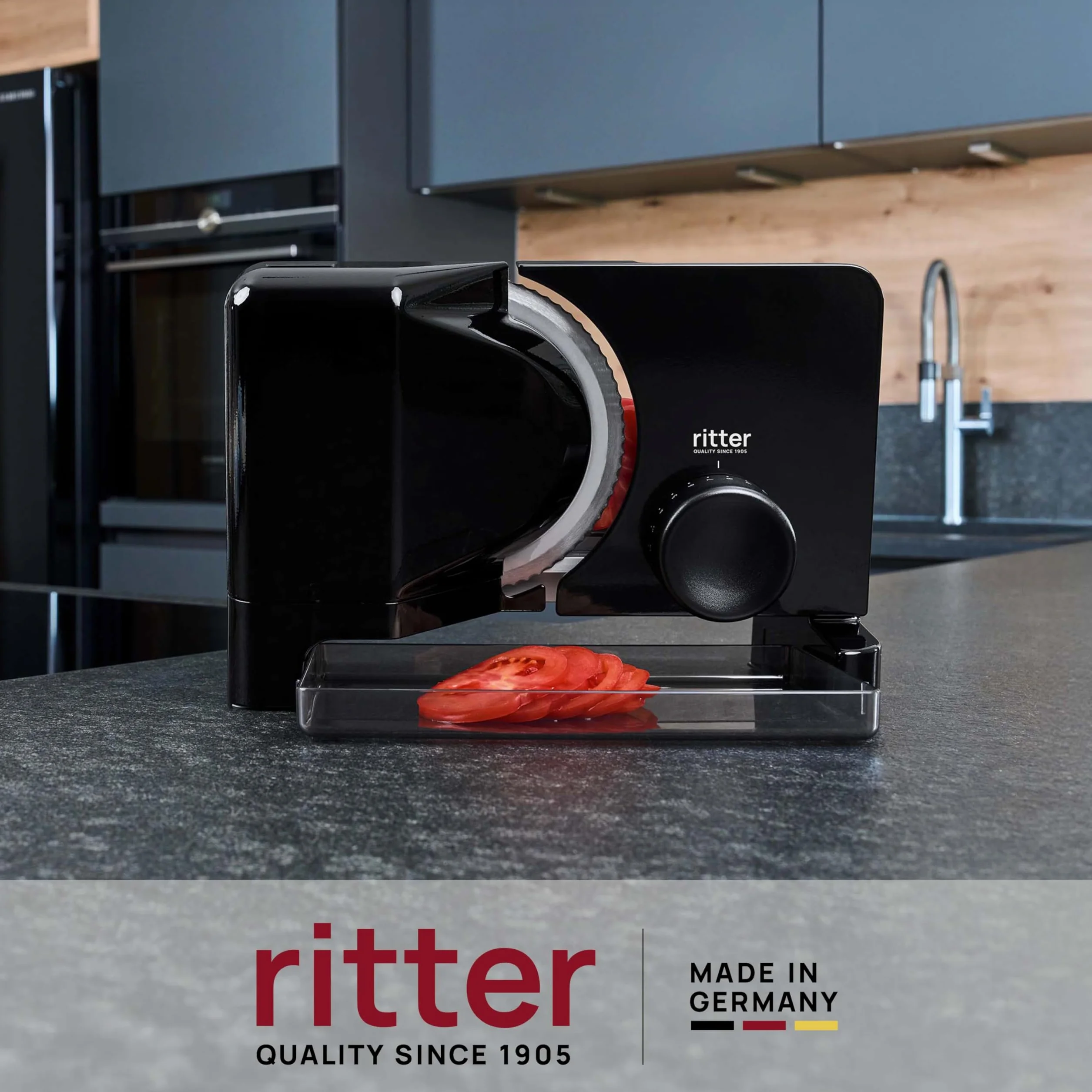 ritter E 16 Duo Plus elektryczna krajalnica do chleba, wędlin i sera, wykonana z metalu, z silnikiem ECO, Made in Germany, czarna