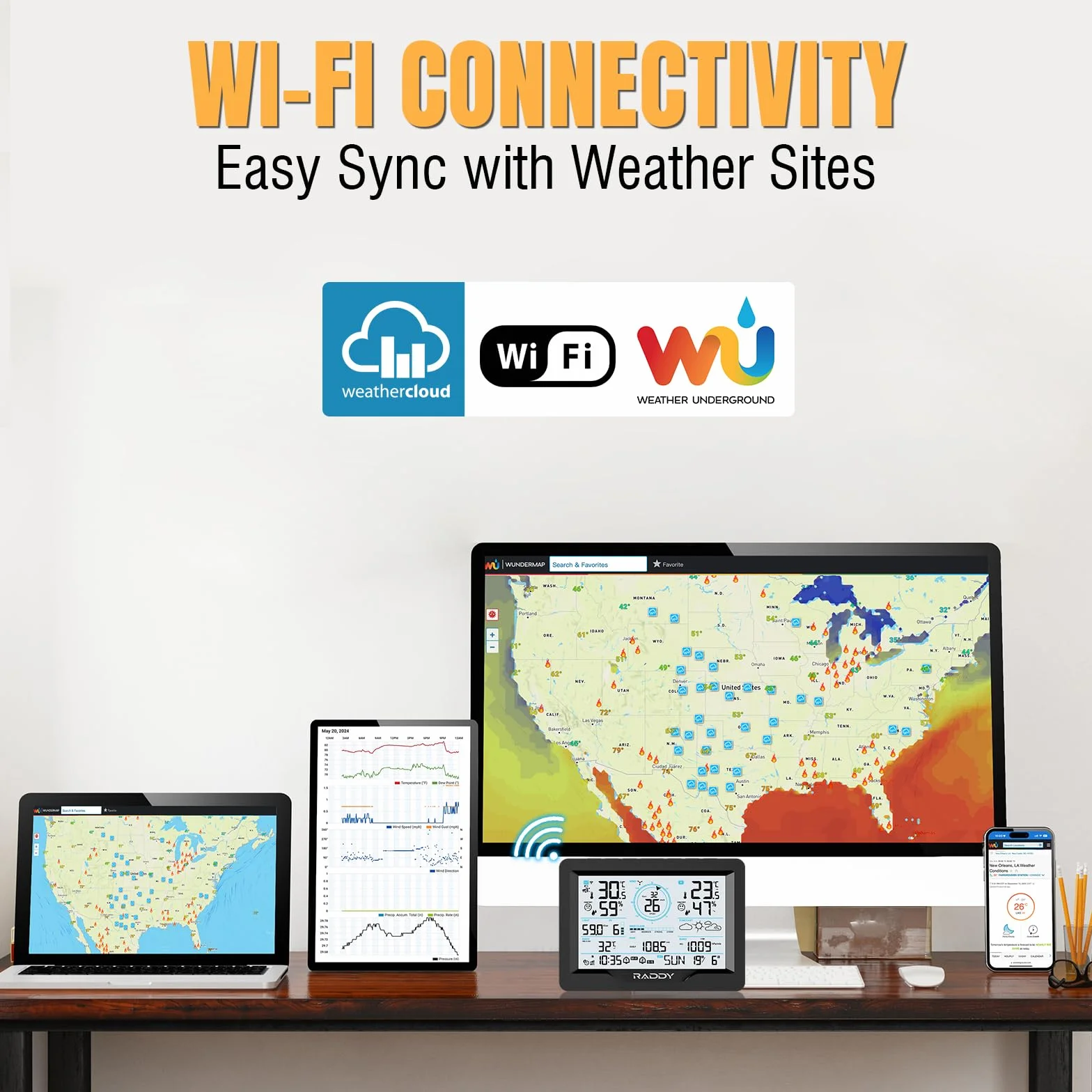 Raddy MN6 Wi-Fi, bezprzewodowa stacja pogodowa 15 w 1, do użytku na zewnątrz, miernik wilgotności powietrza, miernik deszczu, prędkość wiatru, prognoza pogody