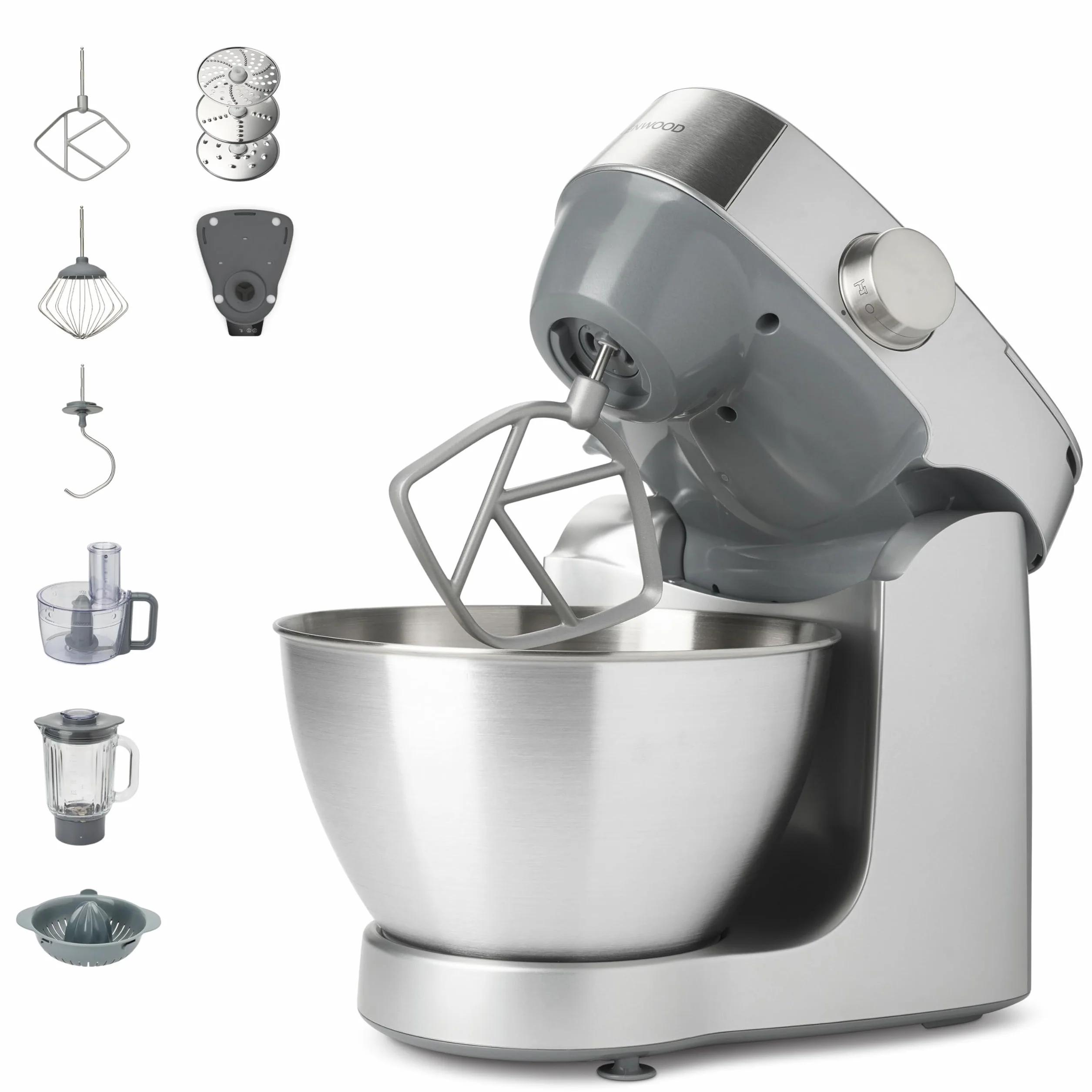 Kenwood Prospero+ KHC29A.O0SI planetarna maszyna do ugniatania, miska ze stali nierdzewnej 4,3 l, w zestawie akcesoria 10 szt. 3 haczyki i trzepaczki, szklany blender, procesor żywności 3 tarcze,