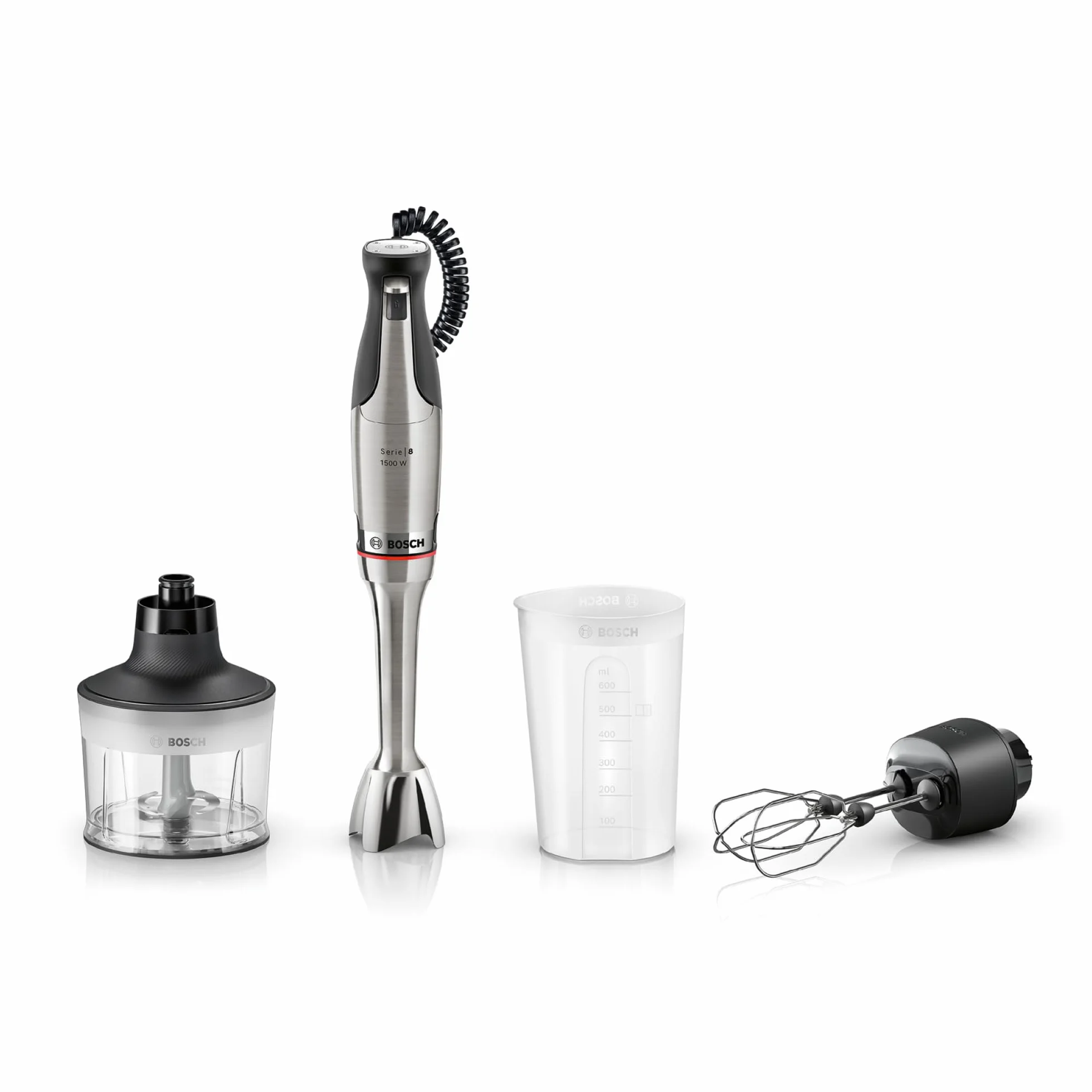 Bosch, blender ręczny, ErgoMaster Serie 8, silnik 1500 W, intuicyjna regulacja prędkości, 6-ramienne ostrze, akcesoria w zestawie, stal nierdzewna, MSM8M934
