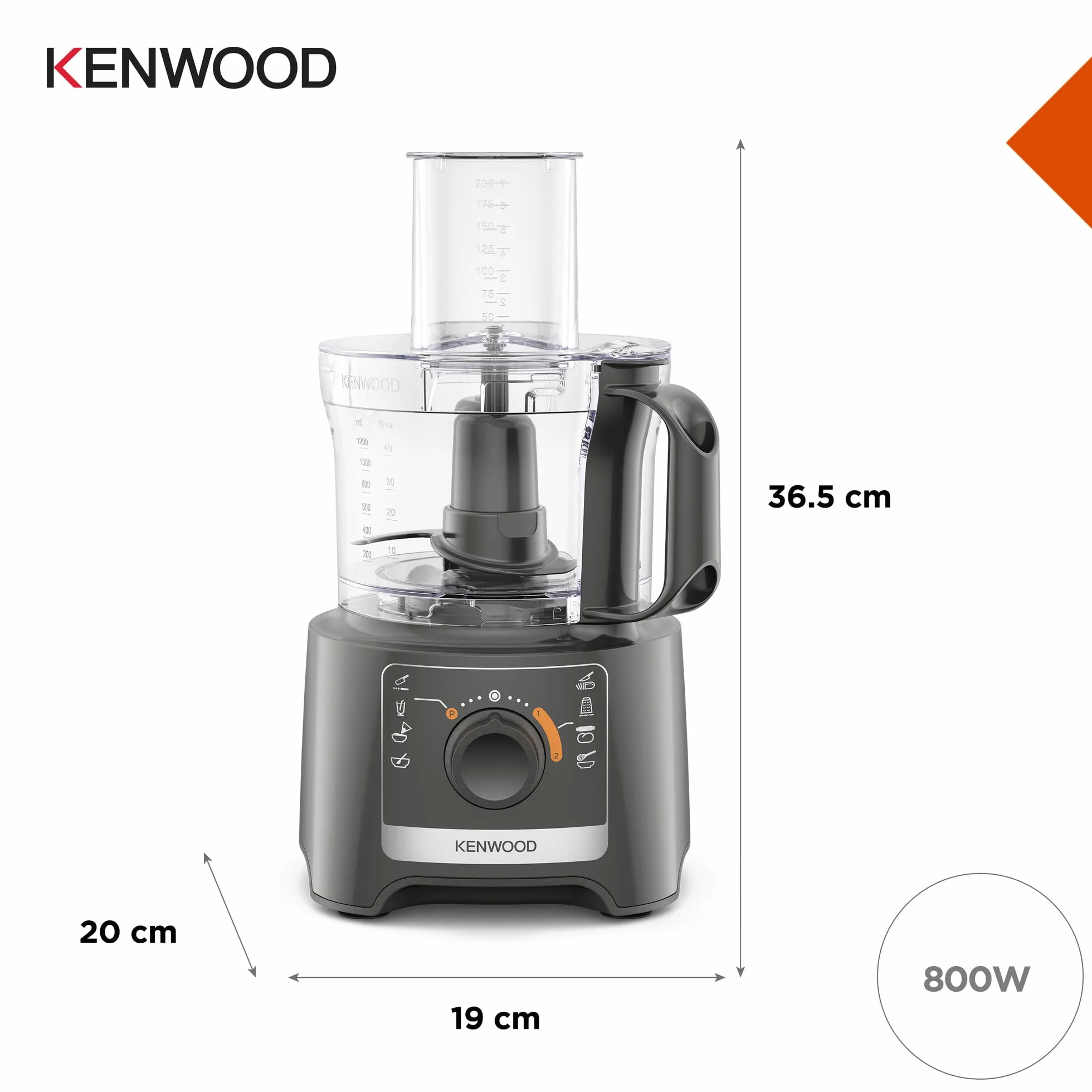 Kenwood Multipro Compact FDP31.020GY model 2023, robot rozdrabniacz kuchenny z 2 prędkościami przetwarzania + puls, miska 2,1 l, elektryczna maszynka do warzyw do tarczenia, ruszt i ugniatanie, 800w
