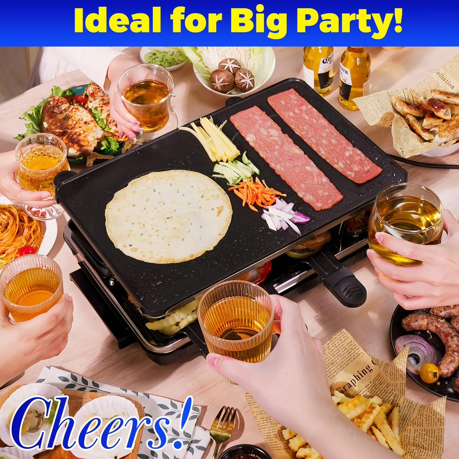 Elektryczny grill raclette 1300W dla 8 osób z powłoką nieprzywierającą, 8 mini patelniami i łopatką