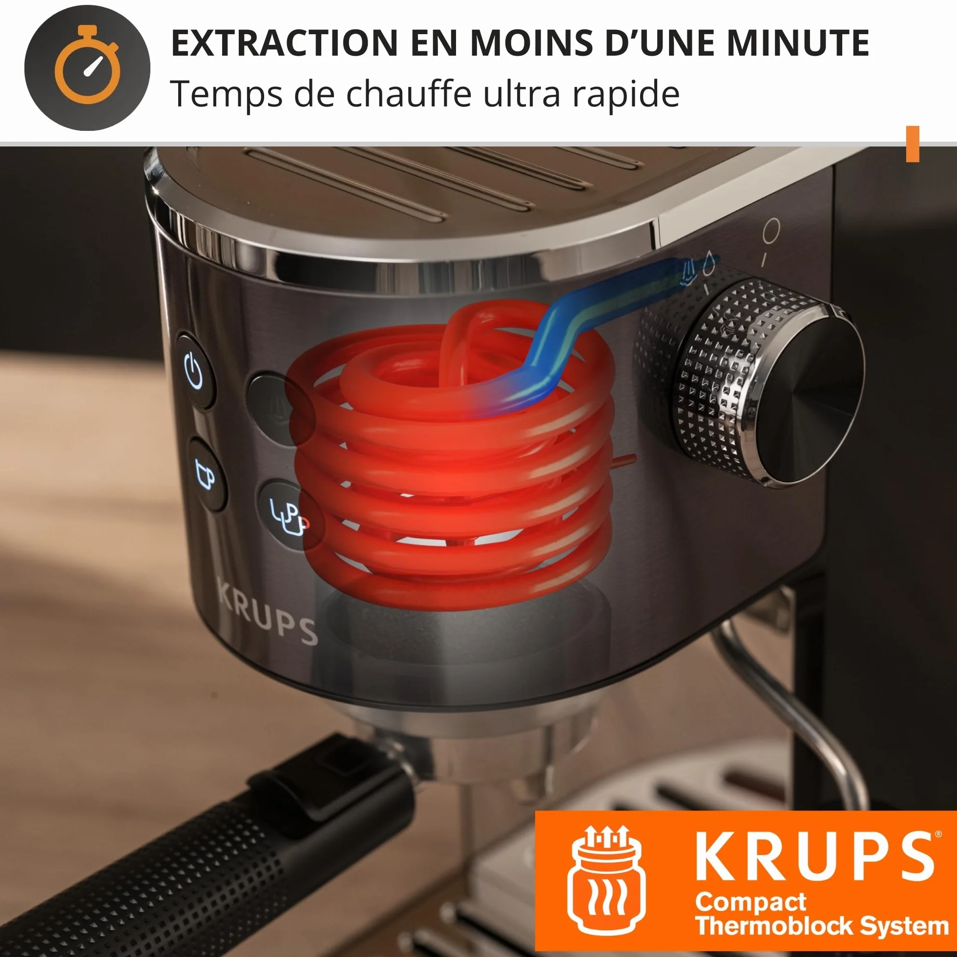 Krups XP444G Virtuoso+ ekspres do espresso | ciśnienie pompy 15 bar | 3 filtry kremowe | dysza pary ze stali nierdzewnej | intuicyjny panel sterowania | pokrętło | w zestawie łyżeczka dozująca/ubijak