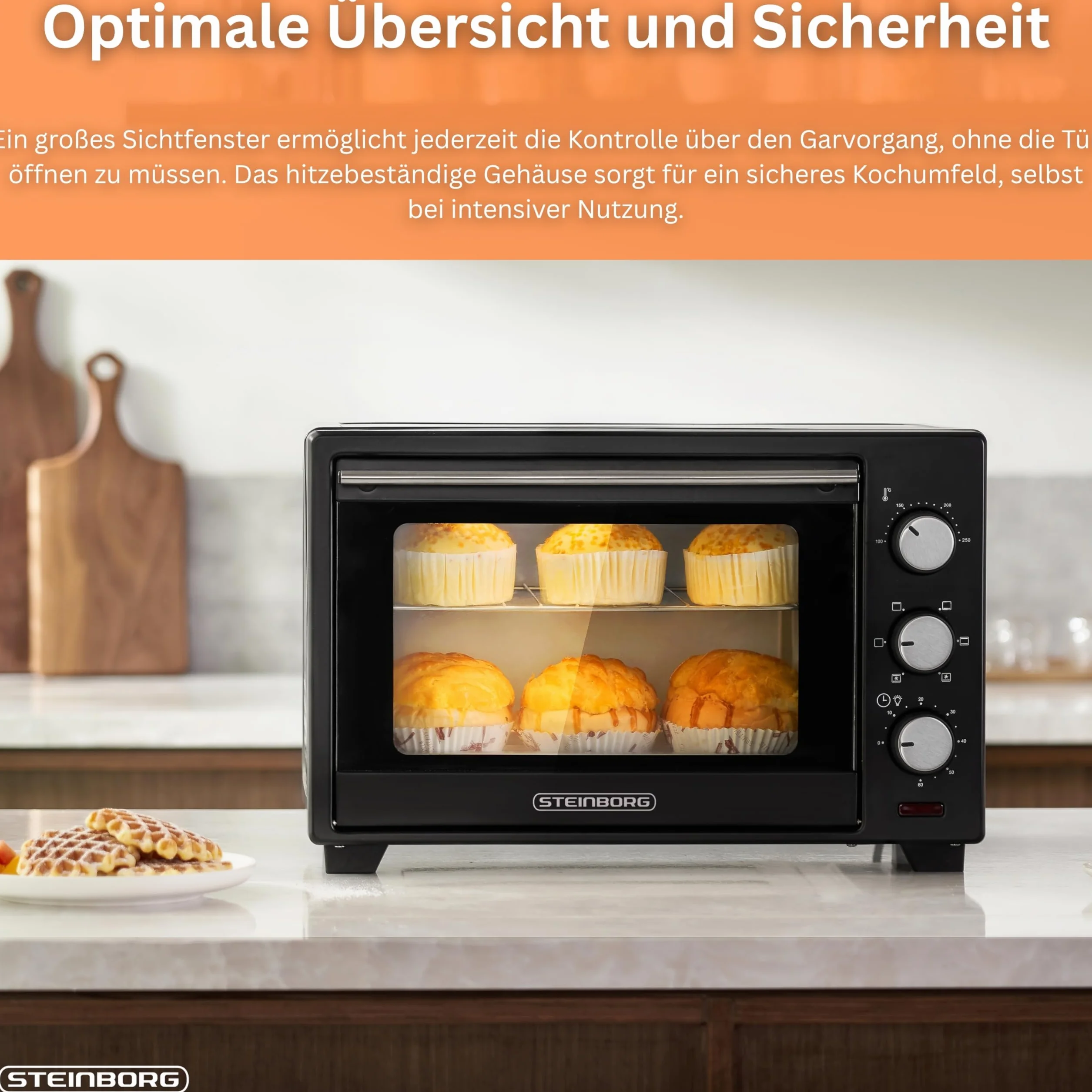 Steinborg Mini Piekarnik 25 Litrów - Piec Do Pizzy 3 w 1, Blacha Na Okruchy, Ogrzewanie Górne/Dolne, Konwekcja, Timer 60 Min, 1600 W, Czarny