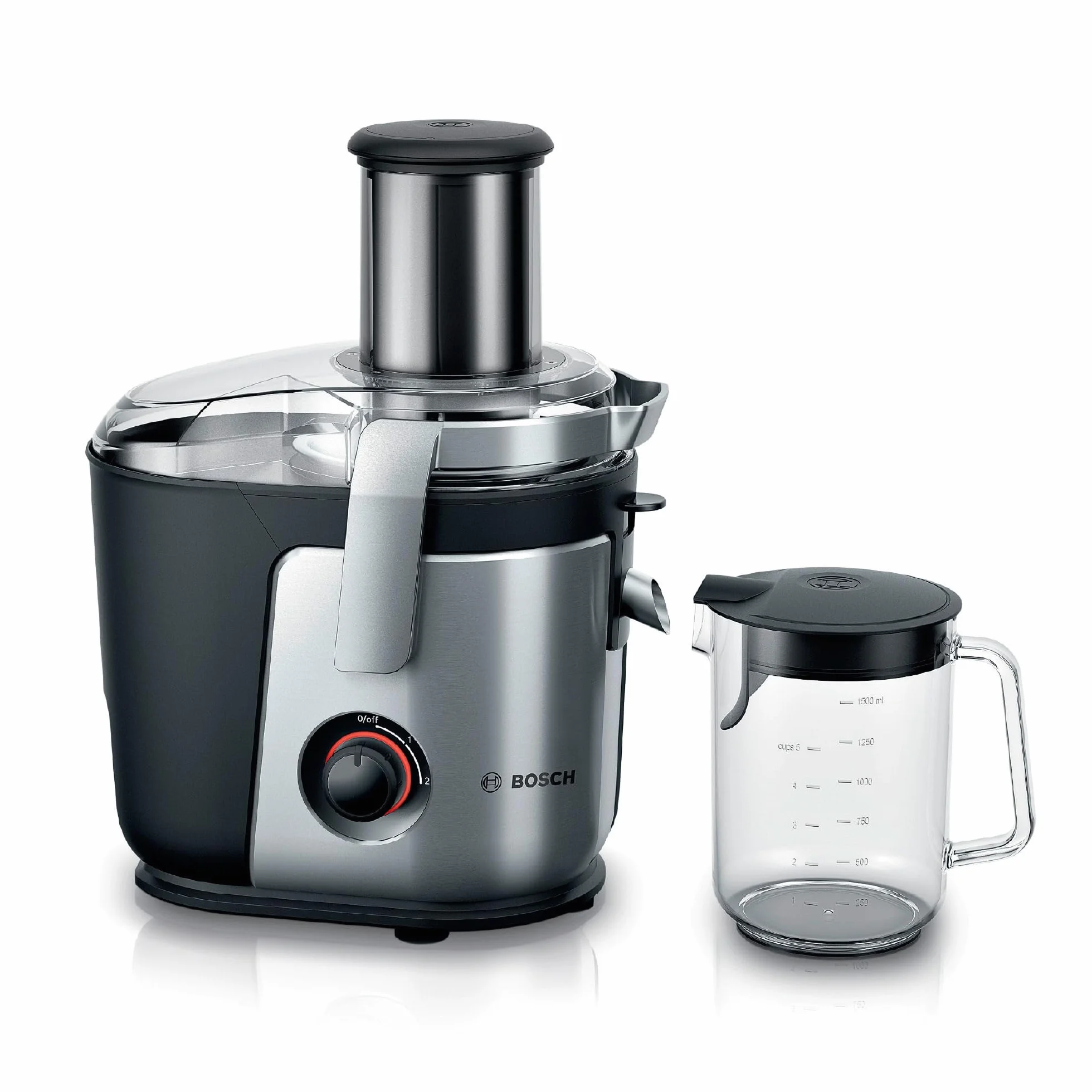 Bosch VitaJuice 4, sokowirówka, 1200 W, nóż ceramiczny, duży otwór wsadowy (84 mm), optymalne wyciskanie soku, DripStop, MES4010, srebrny