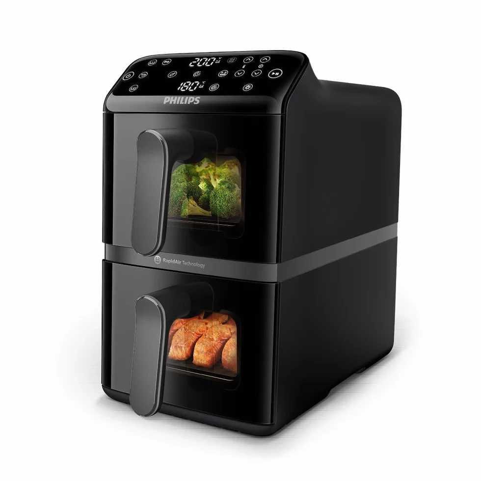 Philips Ovi z serii 4000 z podwójnym koszem 10L – Technologia RapidAir, Synchronizacja, 2 posiłki jednocześnie, 45% mniej miejsca na blacie, Powłoka ceramiczna bez PFAS, Okienka podglądu (NA460/00)