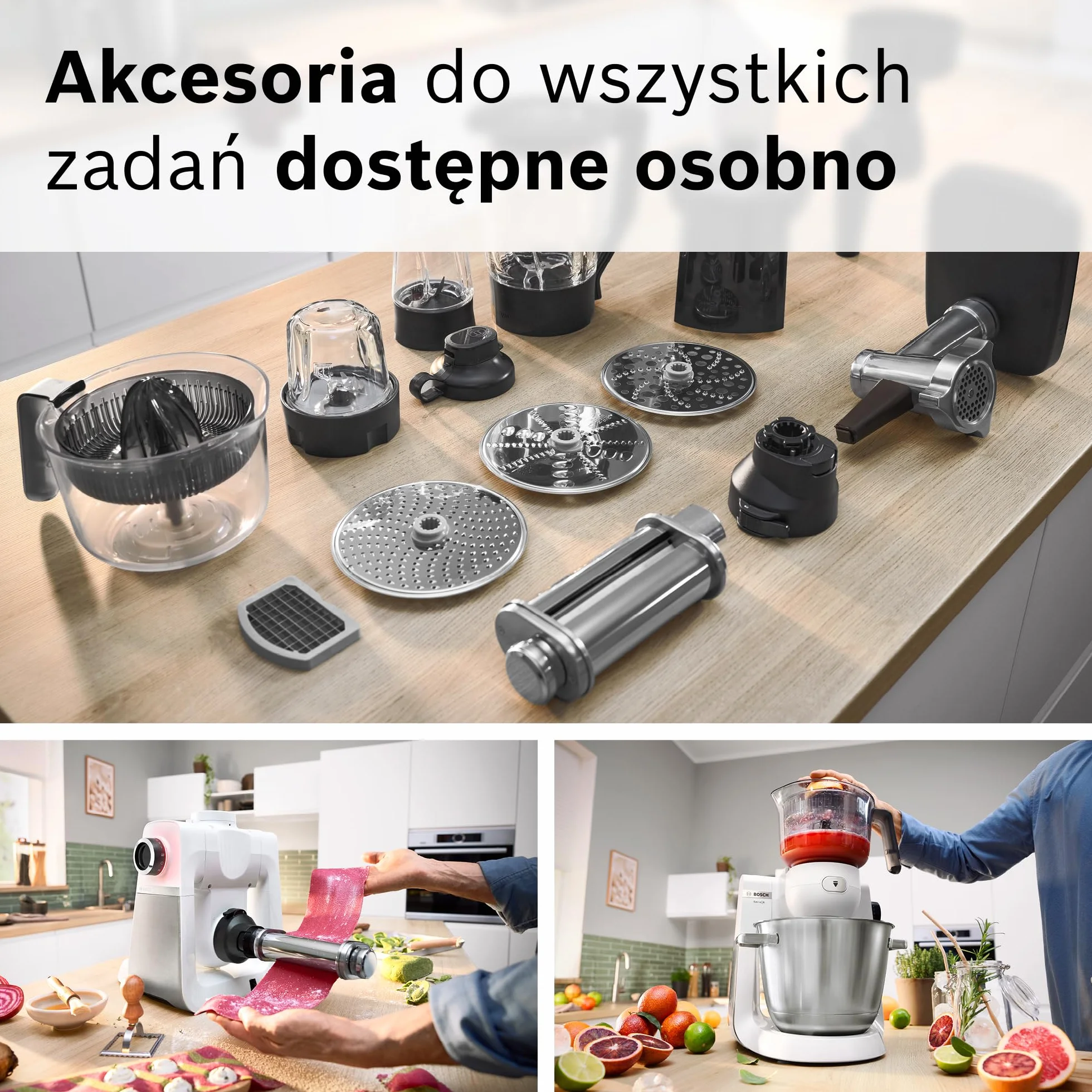 Bosch, robot kuchenny, Series 6, 1600 W, mieszanie planetarne 3D, zestaw cukierniczy, tarka wielofunkcyjna, szklany blender ThermoSafe, biało-srebrny ze stali nierdzewnej, MUMS6EW22