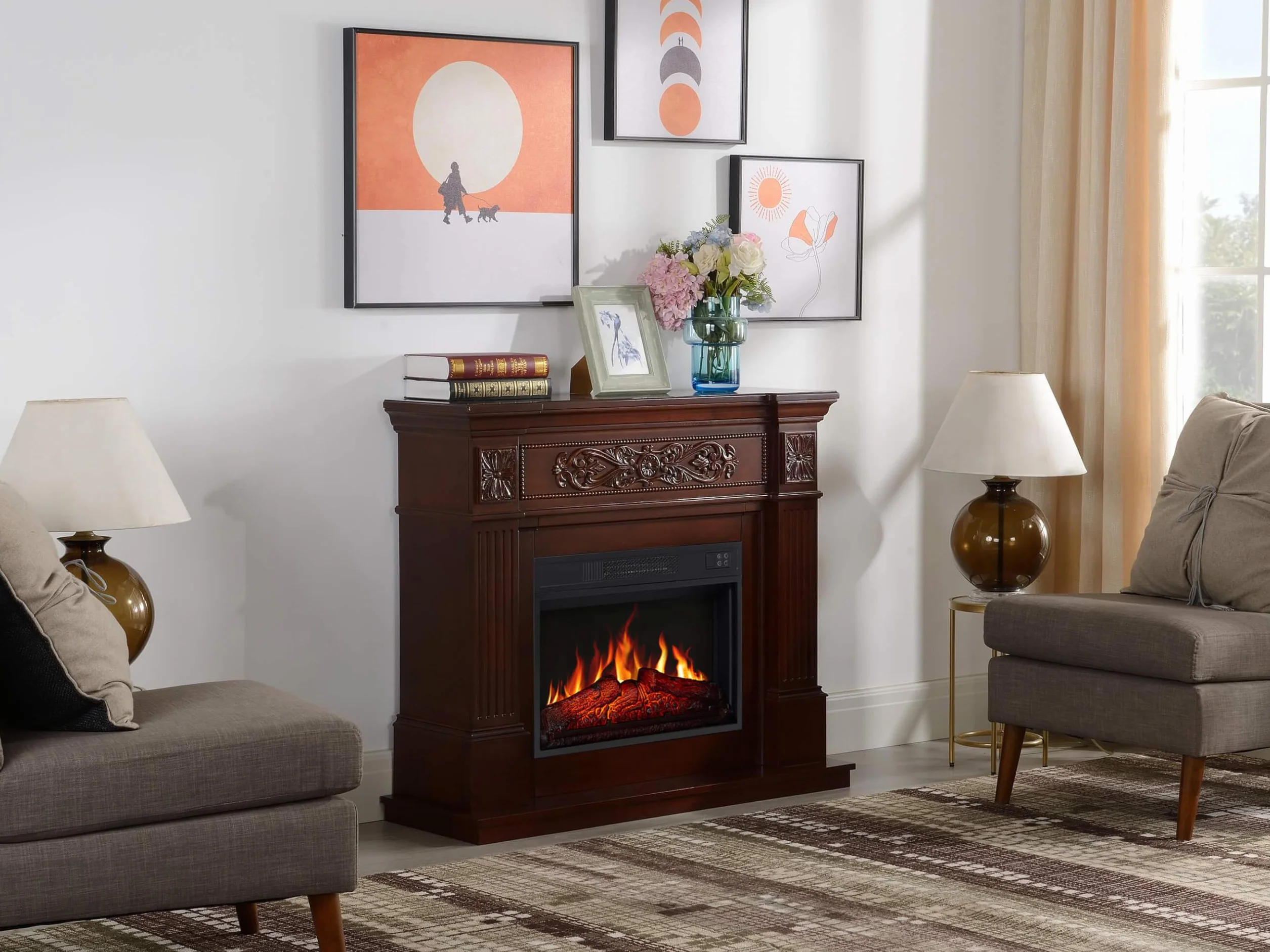 Kominek elektryczny z obudową TOSCANA AF23S RUSSET LED z dźwiękiem, 12 trybów ogrzewania 1800 W, timer, prawdziwy efekt płomienia, 3 poziomy jasności, ekskluzywny design, pilot