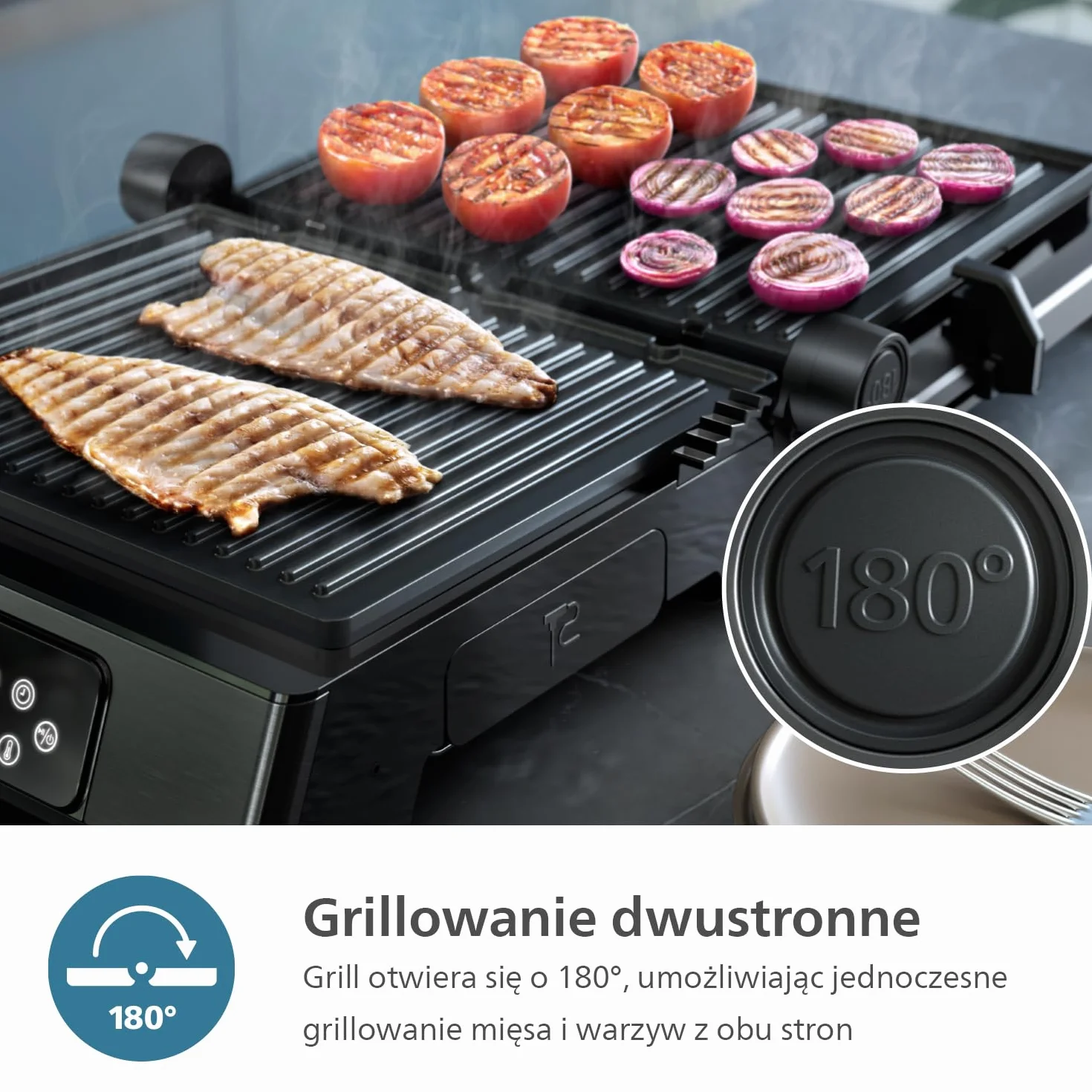 Philips Grill Elektryczny - Sonda Temperatury i 8 Zaprogramowanych Funkcji Grill z Dużą Powierzchnią Grillowania. Cyfrowa Regulacja Temperatury. Łatwy w Czyszczeniu (HD6307/70)