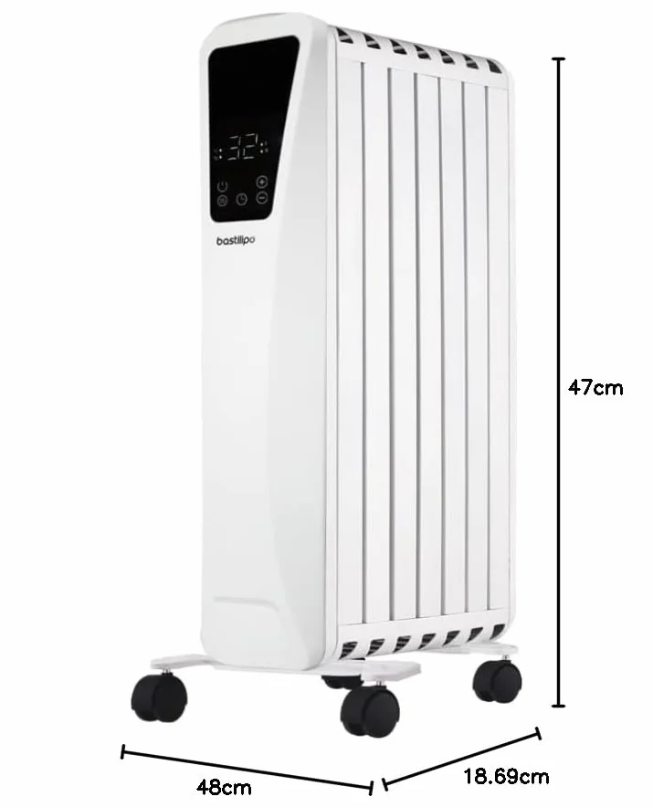 Bastilipo Fenix 2-1500 - Grzejnik olejowy - moc 1500W - Ekran dotykowy LED - 3 poziomy mocy - Efekt kominka - 7 elementów, Biały