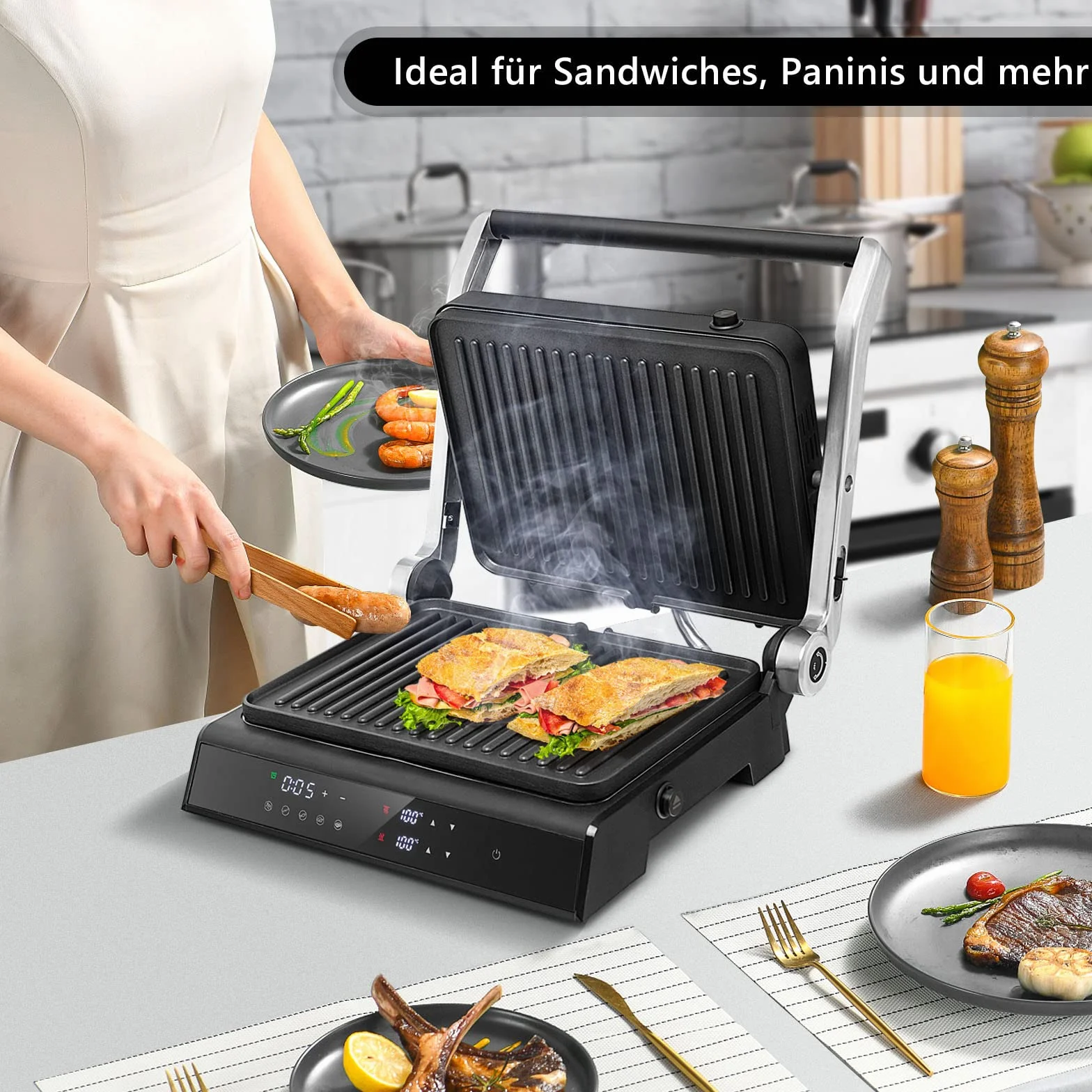 COSTWAY Opiekacz do kanapek 3 w 1, grill kontaktowy 1800 W, gofrownica, 2 wyjmowane płyty nieprzywierające, niezależne i dokładne ustawienie temperatury, 90°C - 230°C, akcesoria łatwe do czyszczenia