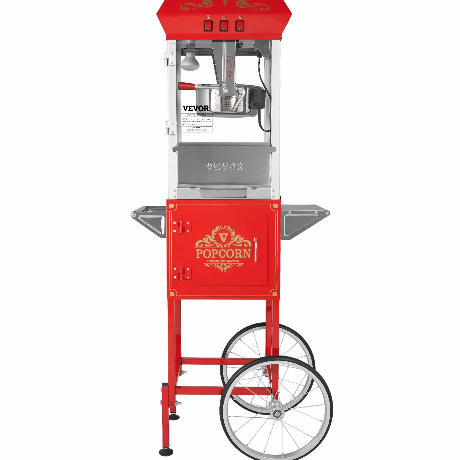 VEVOR Maszyna do popcornu z wózkiem 850 W, czajnik elektryczny 0,22 kg, 48 filiżanek, szkło hartowane