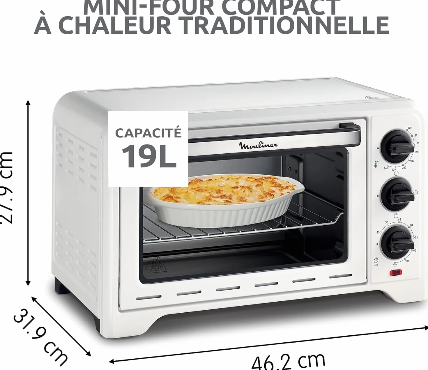 Moulinex Piekarnik Optimo 19 L, pieczenie chleba, pizza, ciasta, ciasta, ciasta, 6 trybów pieczenia, tradycyjne ciepło, biały OX441110