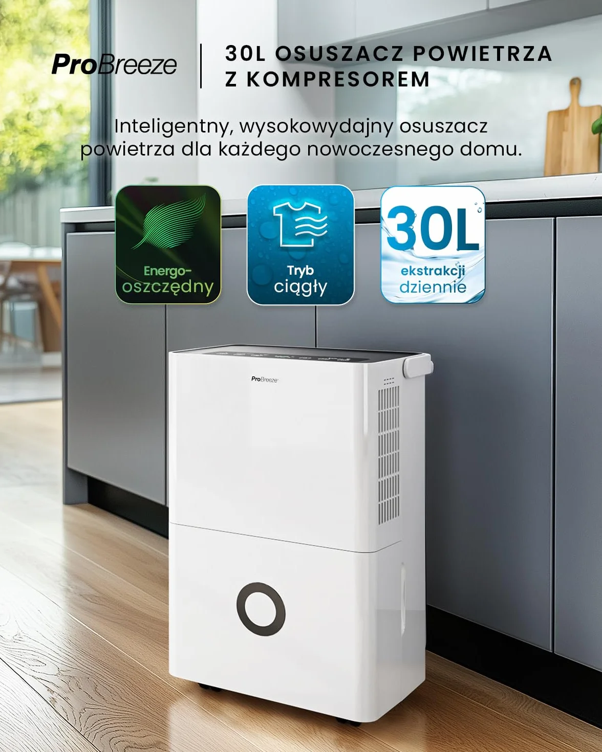 Osuszacz powietrza Pro Breeze 30 l/24 h z Wi-Fi, czujnik wilgotności, 4 l, timer