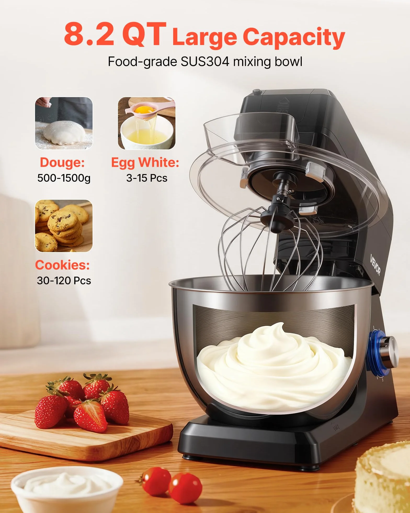 VEVOR Wielofunkcyjny robot kuchenny 1500 W, miska ze stali nierdzewnej 7,8 l, mikser do ciasta 6 prędkości