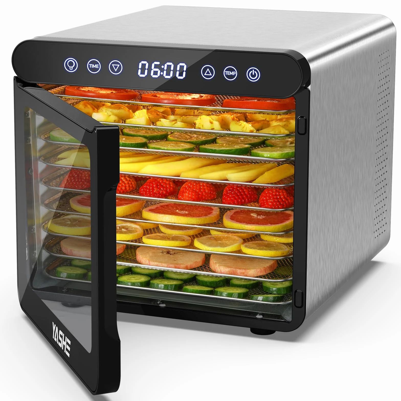 YASHE Suszarka ze stali nierdzewnej z cyfrowym sterowaniem (temperatura do 75°C, timer do 48 godzin), 9 tacek do suszenia owoców i warzyw, tylny wentylator zapewnia cyrkulację powietrza 360°, 800 W