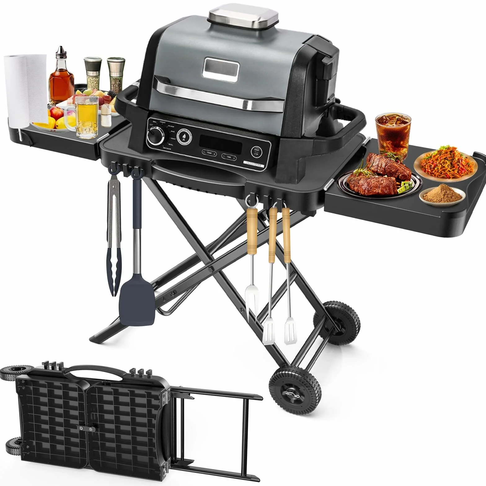 Przenośny zewnętrzny wózek stołowy do grilla Ninja Woodfire Outdoor Grill (seria OG700 OG900), 130 cm duża przestrzeń, składany stół kempingowy do grilla Blackstone Griddle/Onni Pizza, 2 kółka