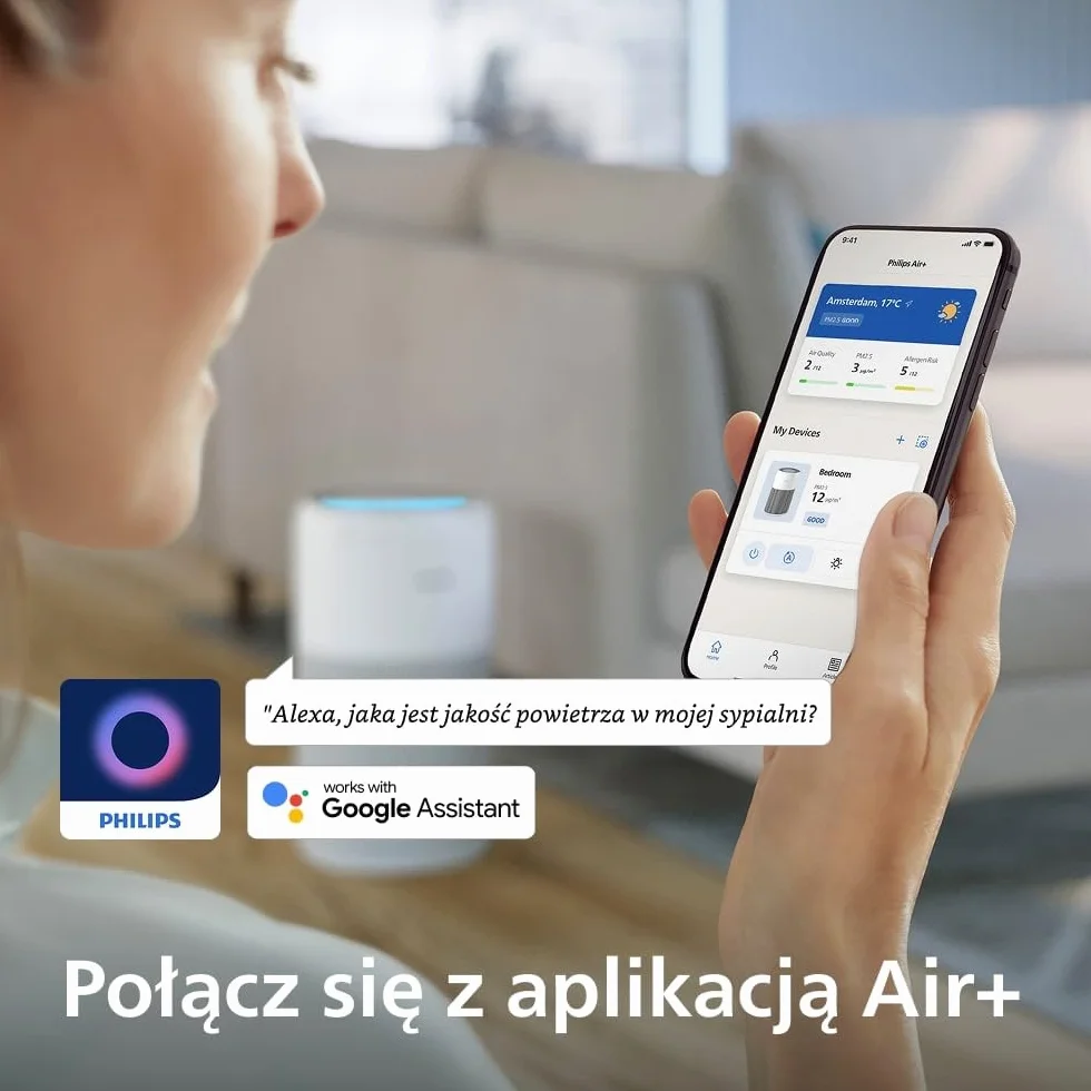 Philips Oczyszczacz powietrza Serie 2200, HEPA NanoProtect + Filtr węglowy, CADR 400m³/h do 104m², Dla alergików, Ultra cichy, Inteligentny i trwały filtr (AC2210/10)