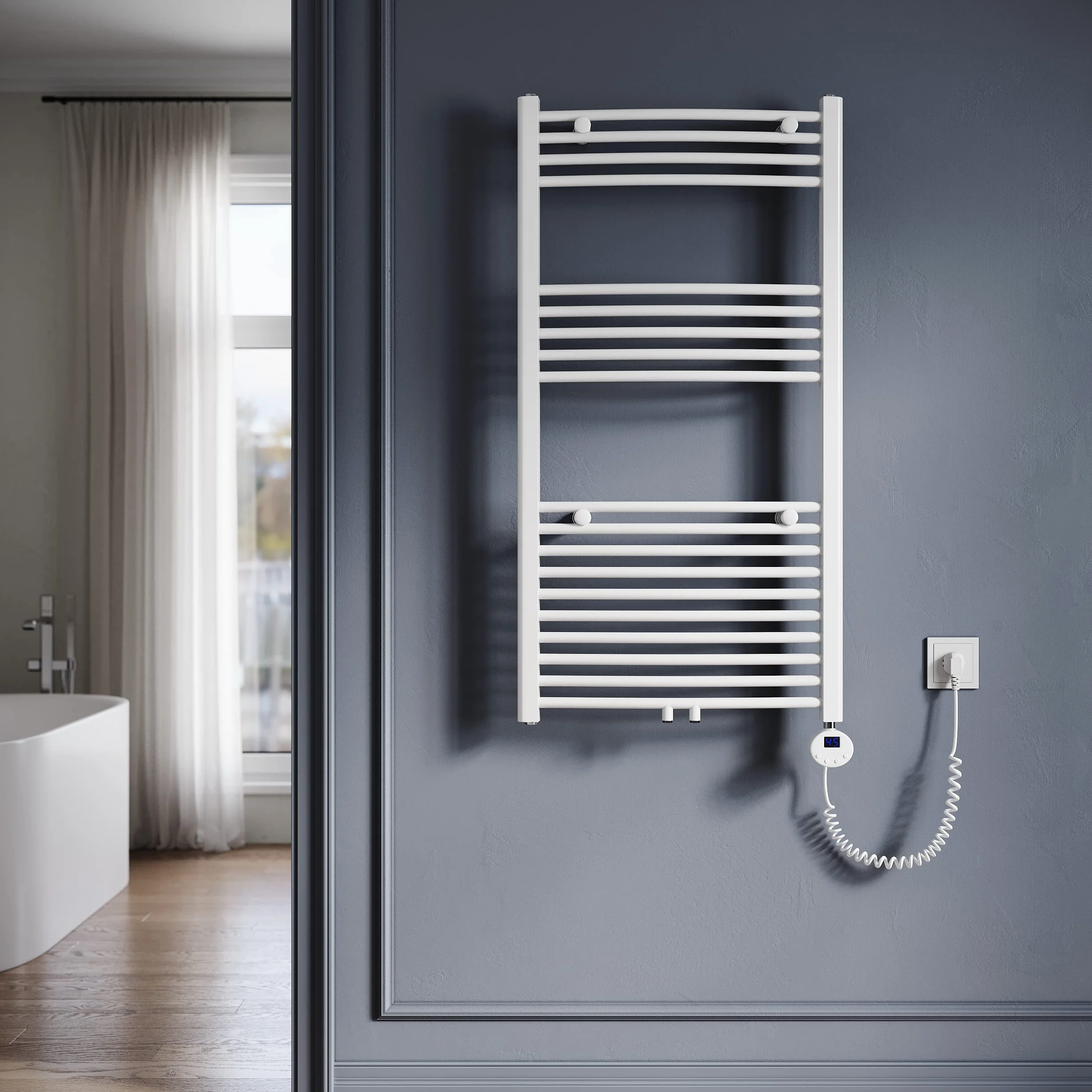SONNI Grzejnik łazienkowy elektryczny z termostatem 1150 x 600 mm biały wygięty suszarka na ręczniki 600 W