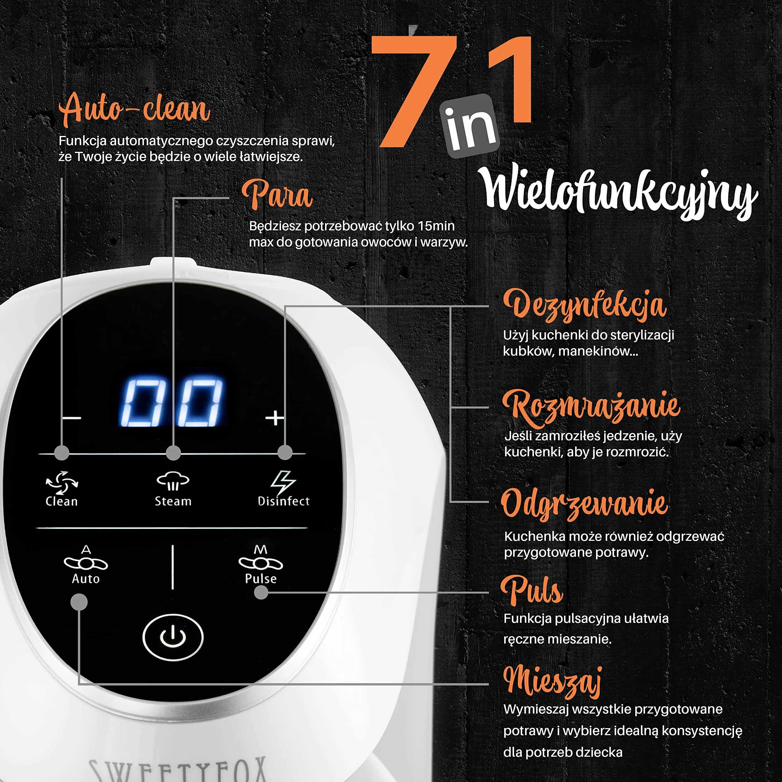 Sweety Fox Wielofunkcyjny robot do posiłków dla niemowląt 7 w 1 parowar mikser sterylizator butelek podgrzewacz