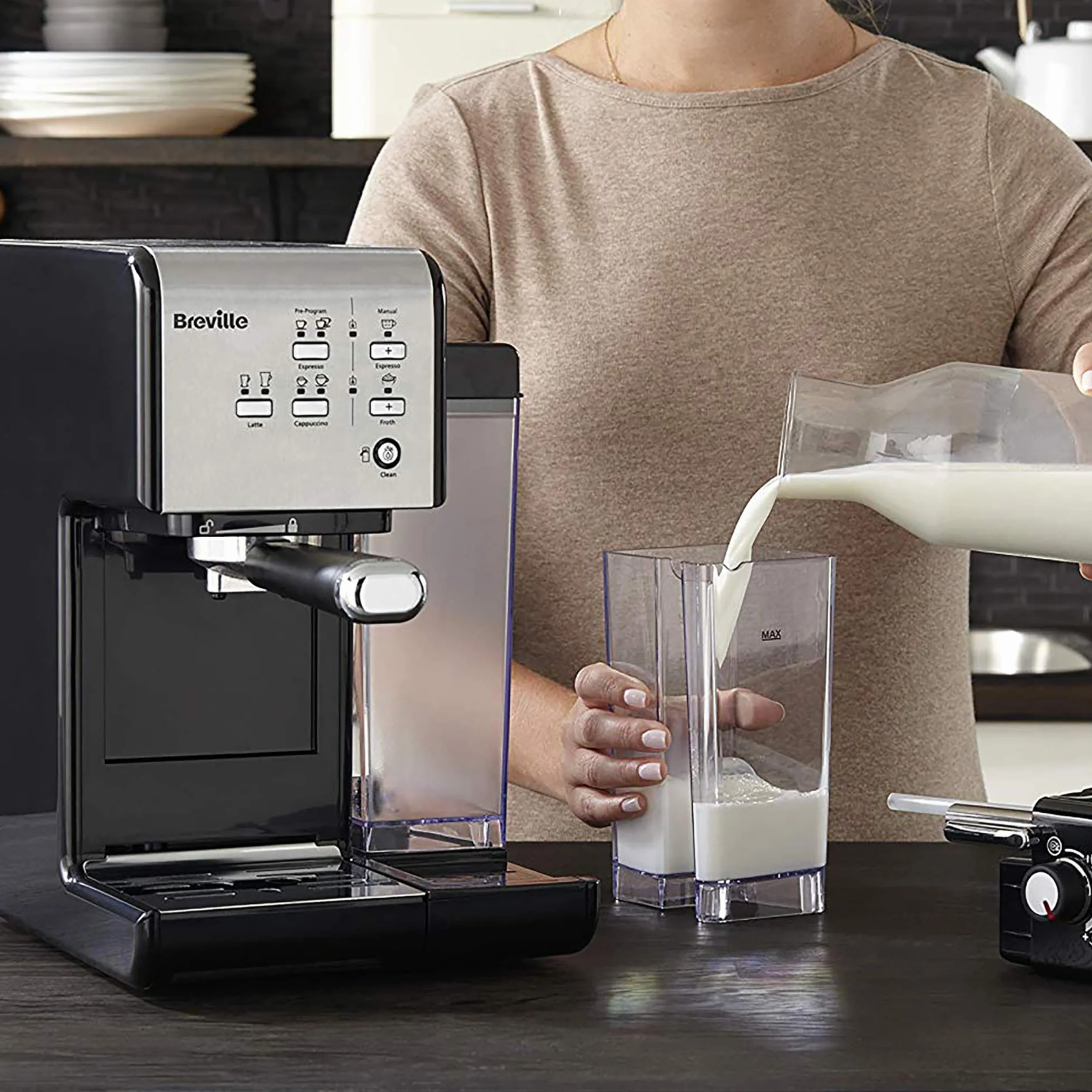 Breville Ekspres do kawy Kolbowy PrimaLatte II VCF108X, 19 Bar, Zintegrowany automatyczny spieniacz do mleka, wyjmowany pojemnik na mleko, Srebrny