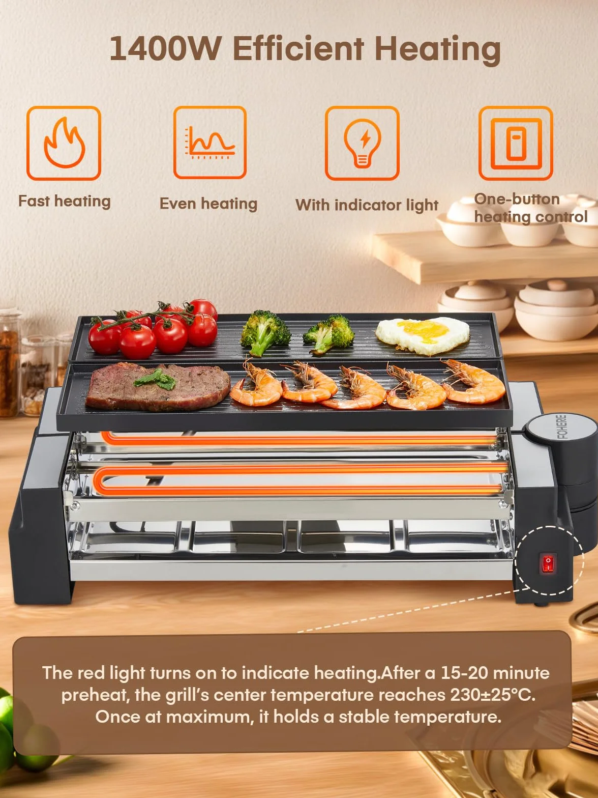 FOHERE Grill Raclette 1400 W dla 8 Osób, Nieprzywierająca Płyta, Matowa Stal Nierdzewna