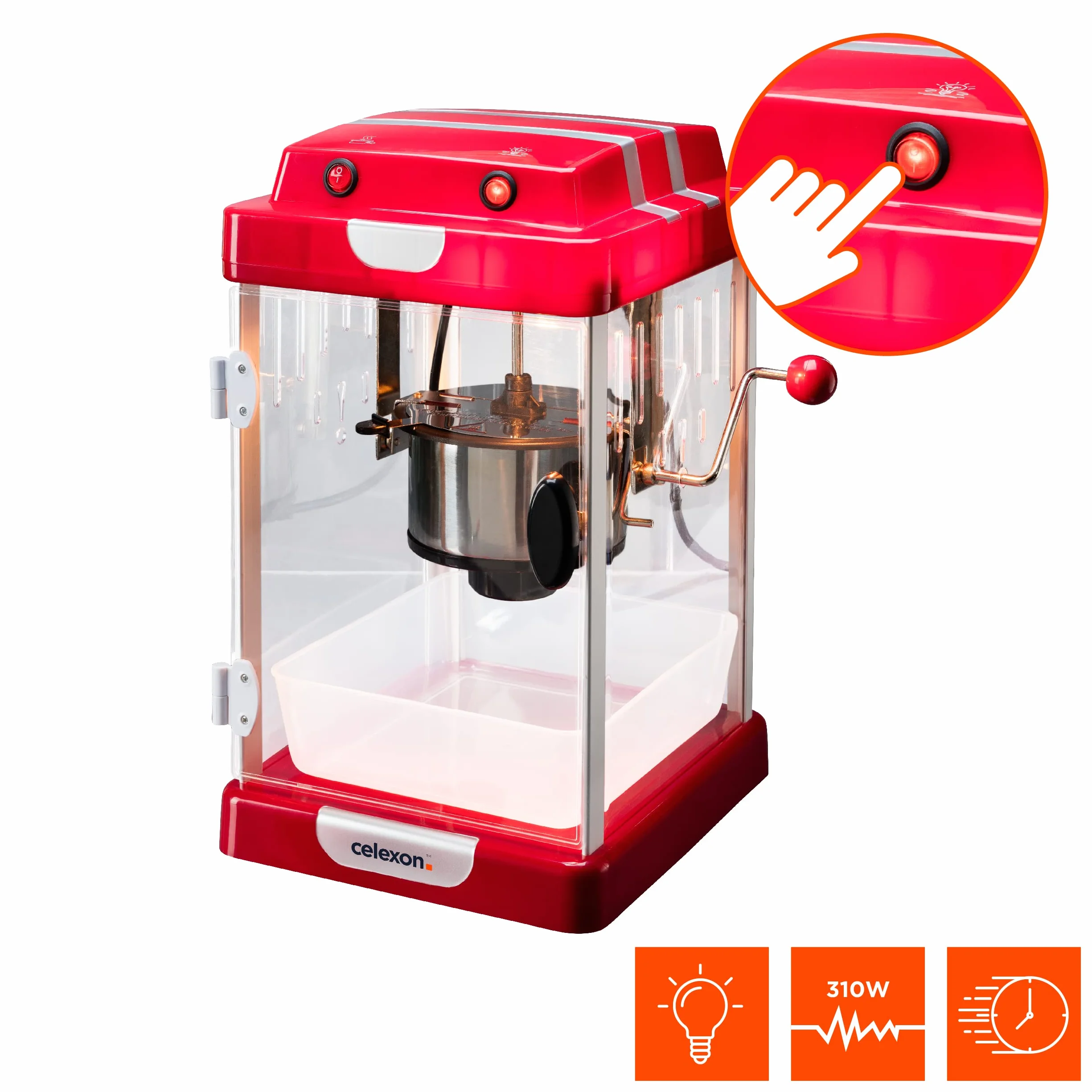 celexon CinePop CP1000 maszyna do popcornu – 24,5 x 28 x 43 cm – czerwony retro/kinowy design – czajnik ze stali nierdzewnej – urządzenie do robienia popcornu z wbudowanym mieszadłem