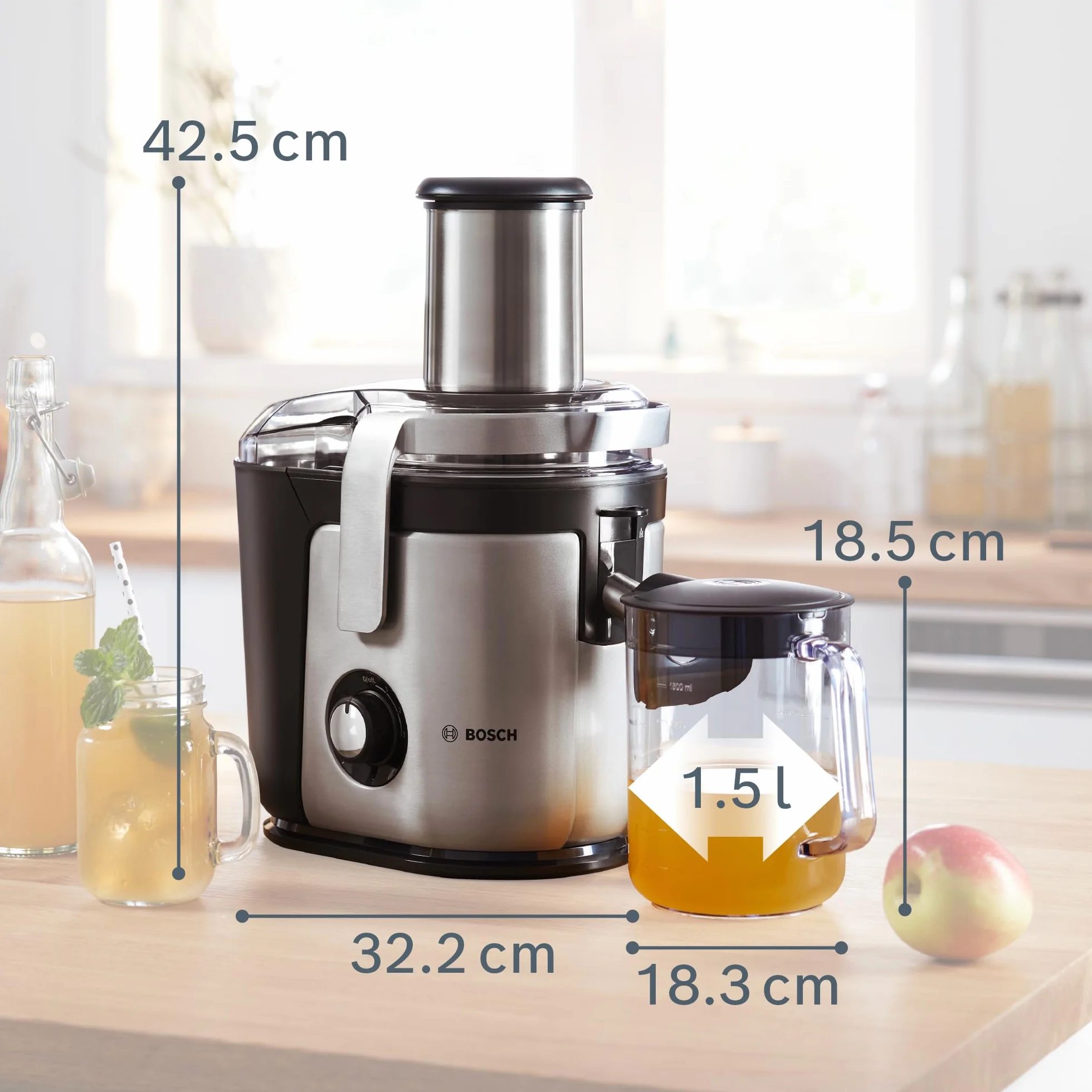 Bosch VitaJuice 4, sokowirówka, 1200 W, nóż ceramiczny, duży otwór wsadowy (84 mm), optymalne wyciskanie soku, DripStop, MES4010, srebrny
