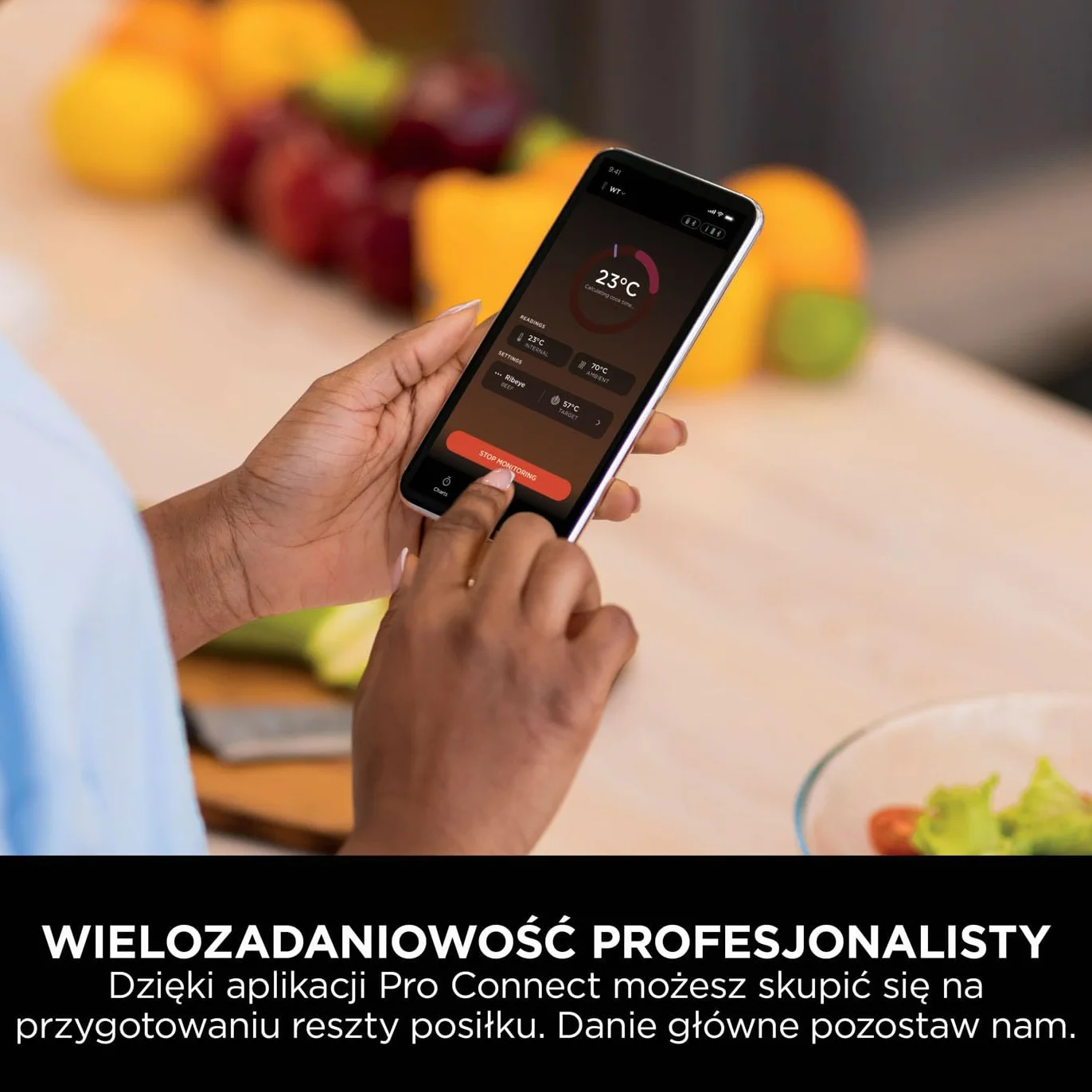Ninja ProChef Bezprzewodowy Termometr do Mięsa, do Użytku na Zewnątrz i Wewnątrz, do Gotowania, Grillowania i Smażenia Beztłuszczowego, Wodoodporny, Zasięg Bluetooth 50 m, Bateriia na 30 h, WP100EU
