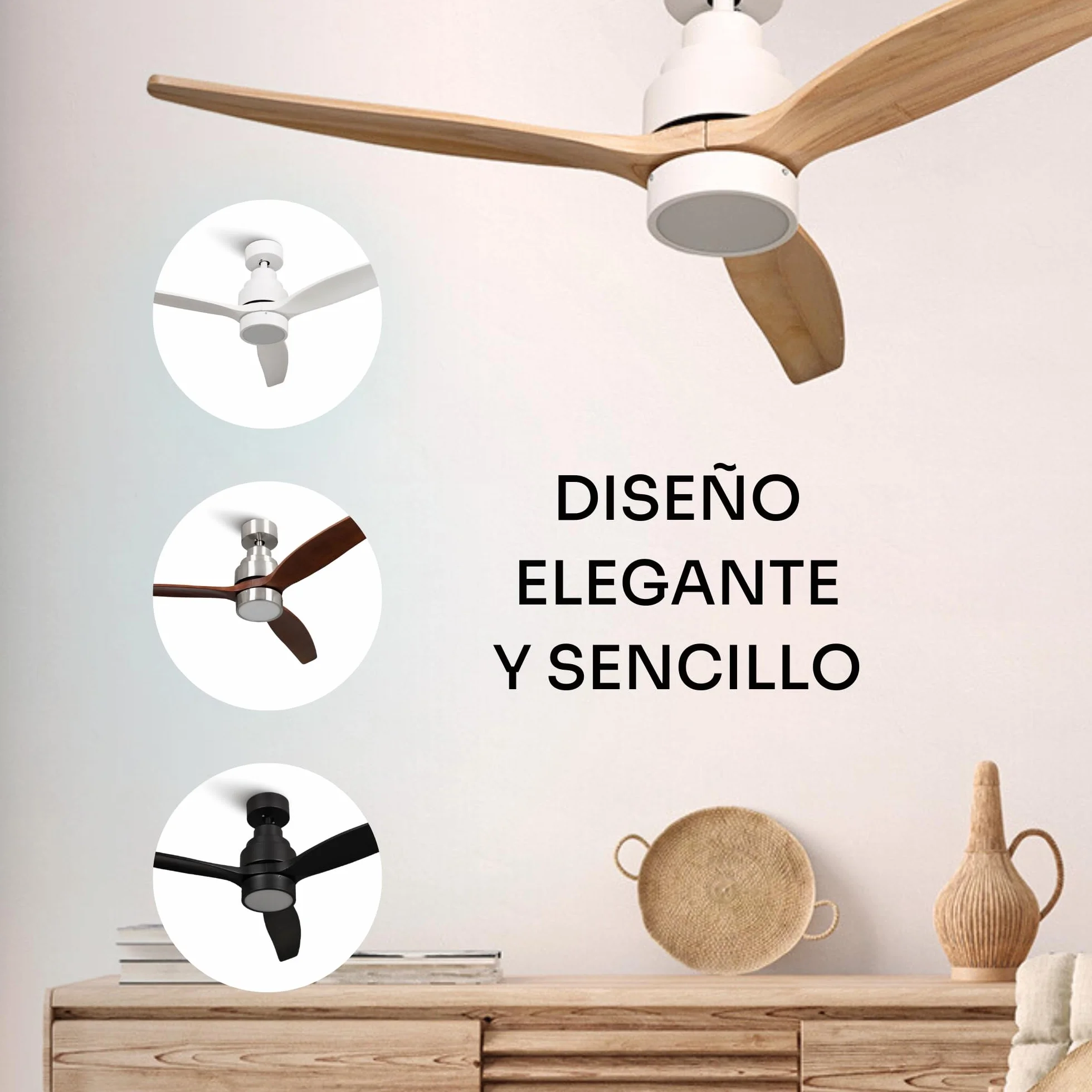 Mellerware - Wentylator sufitowy z pilotem zdalnego sterowania Brizy Bright | 30 W | 6 prędkości | Ultra cichy | 3 łopatki o średnicy 132 | funkcja lato-zimowa | timer | LED | Lightwood