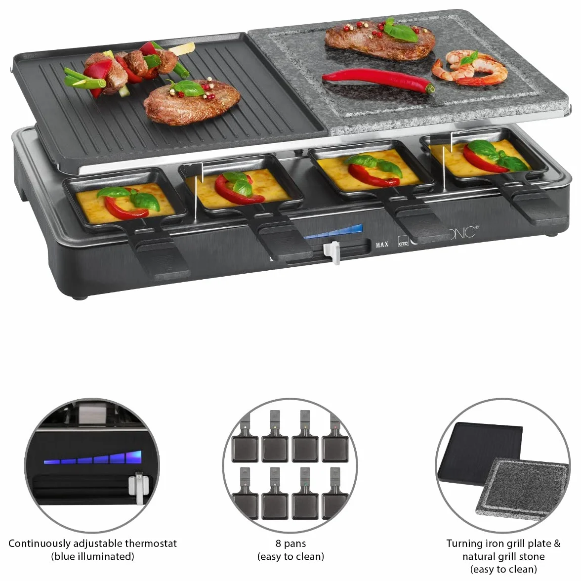 Clatronic RG 3518 Grill Raclette z Gorącym Kamieniem, Dwustronna Płyta, Czarny
