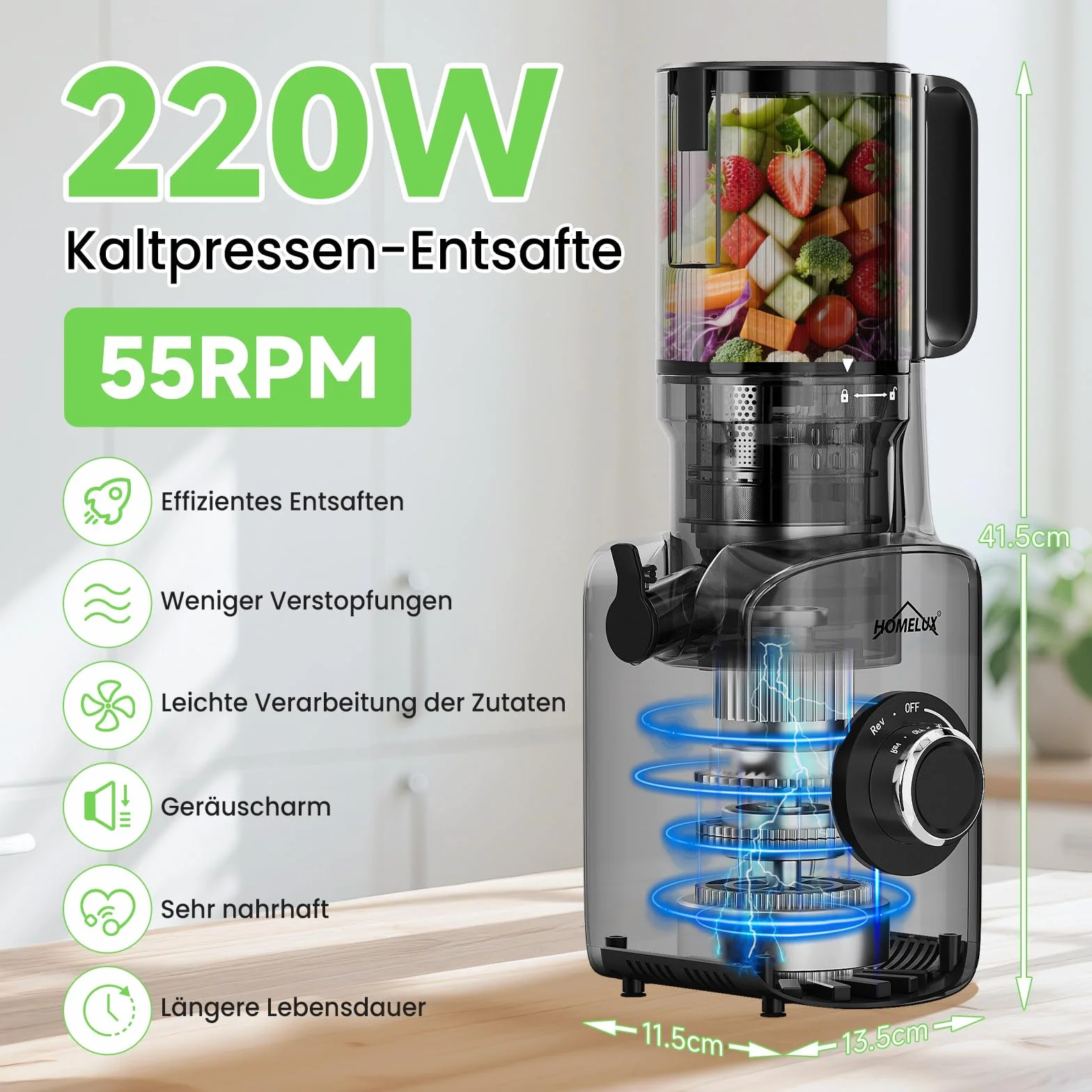 HOMELUX Sokowirówka 220 W Slow Juicer 126 mm otwór wlotowy do całych warzyw i owoców