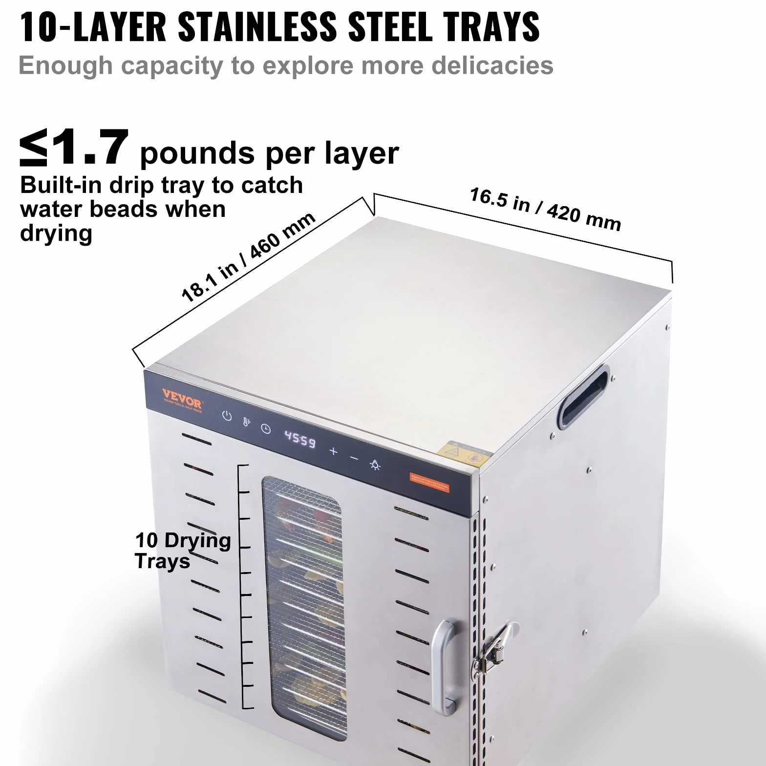 VEVOR Maszyna do odwadniania żywności 10 tacek ze stali nierdzewnej 1000 W Regulowana temperatura 30-90 °C Timer 0,5-48 h
