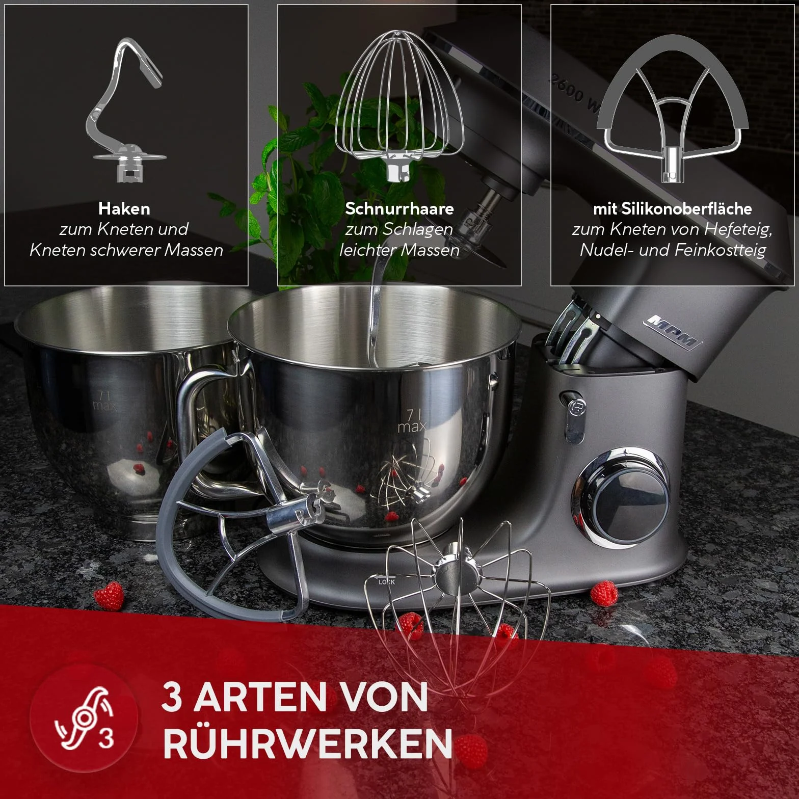 MPM Planetarny robot kuchenny z akcesoriami, mikser kuchenny z dwiema miseczkami do mieszania 7 l, robot kuchenny, 2600 W, antracyt