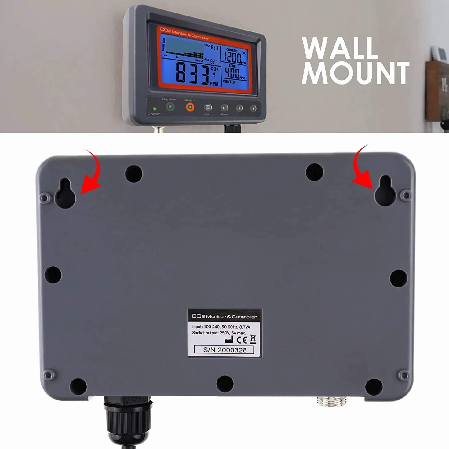 Kontroler CO2, kontroler dwutlenku węgla, miernik CO2, monitor z funkcją przekaźnika, kabel 4,5 m, sonda czujnika dwutlenku węgla NDIR do pokoju uprawowego, rośliny, namiotów do uprawy, szklarni